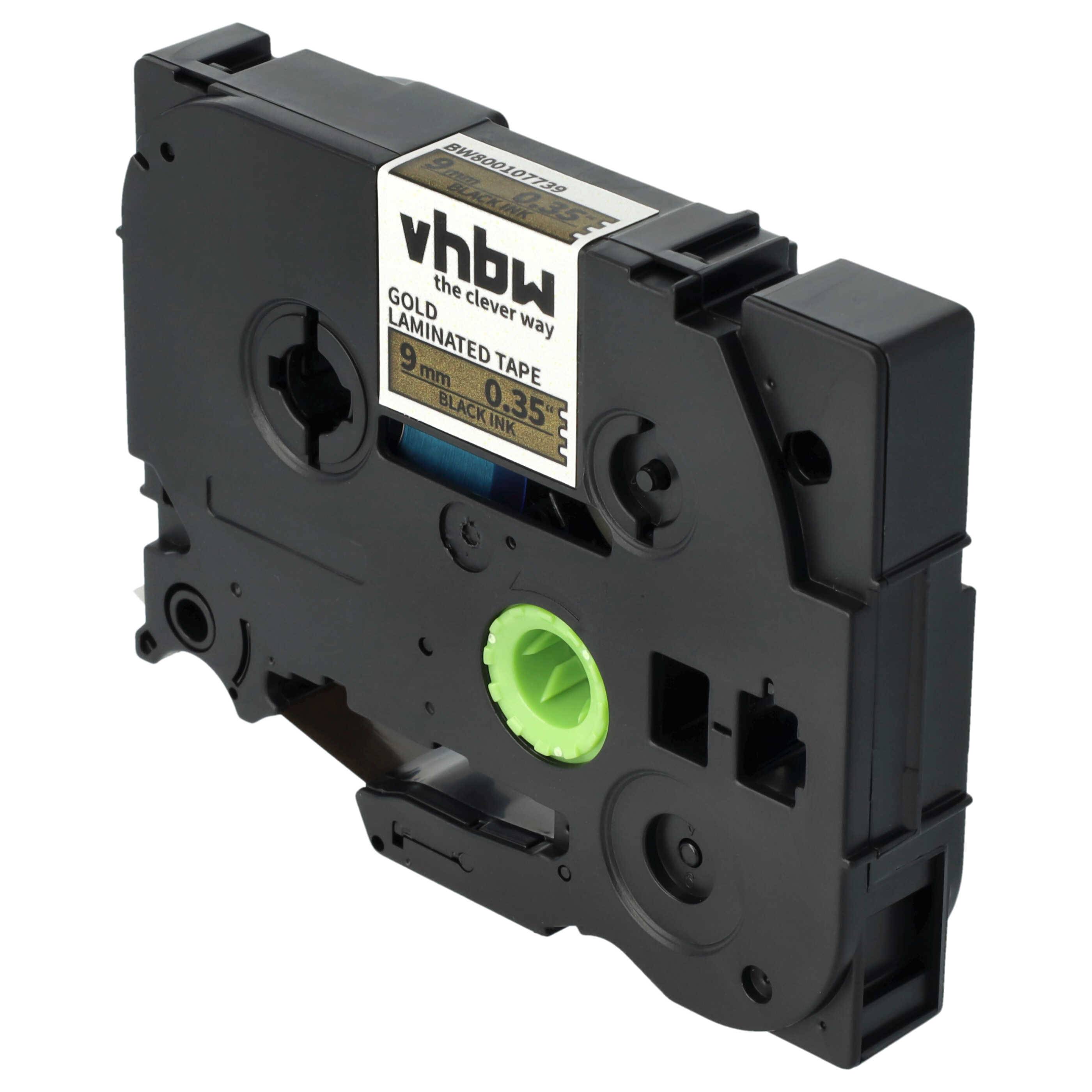 vhbw Schriftband-Kassette kompatibel mit Brother PT D600VP, P700, RL700S, H100LB, H100R, E100, E100VP Etiketten-Drucker 8m x 9mm Schwarz auf Gold