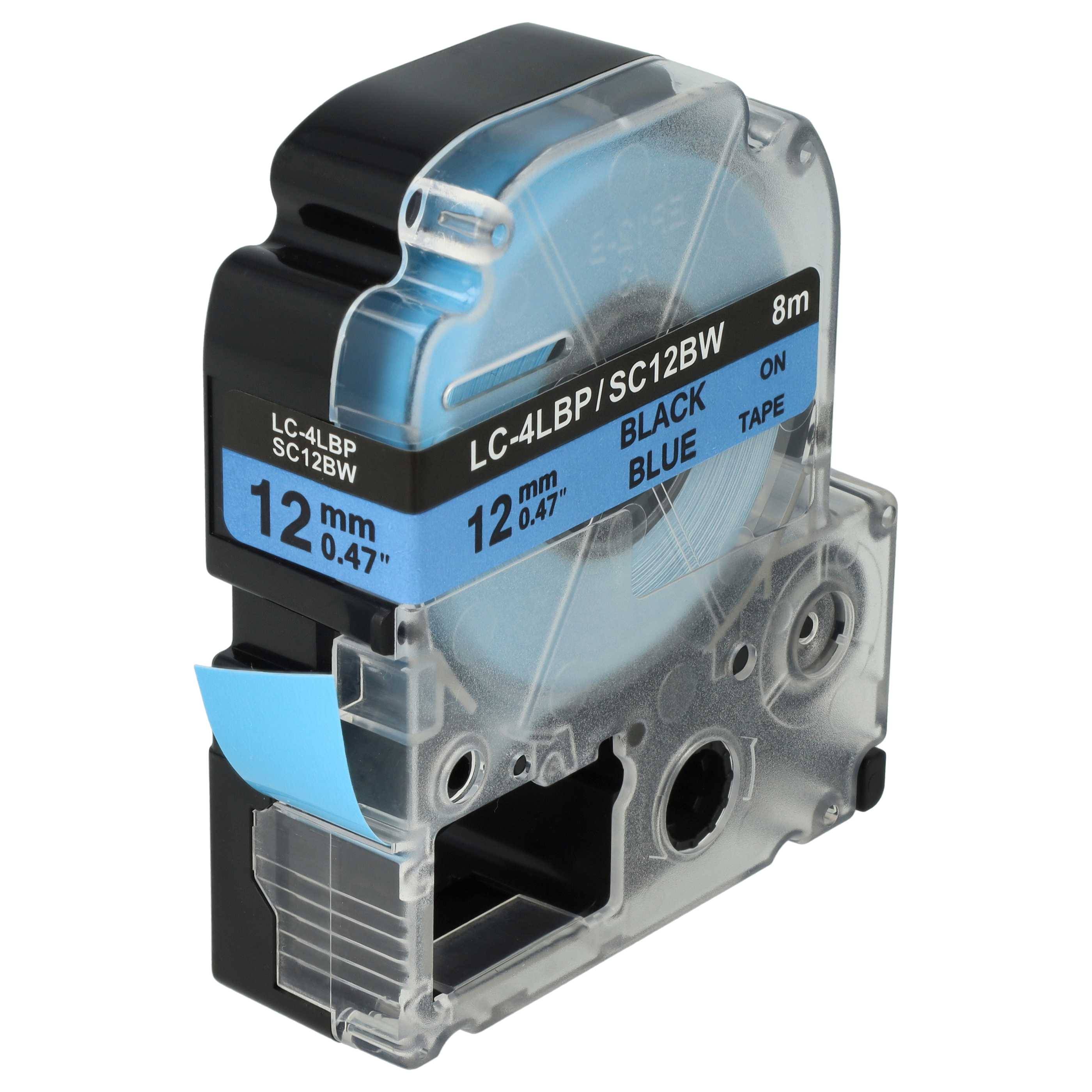Blau-schwarzes Etikettierband in einer Kassette mit transparentem Kunststoffgehäuse, beschriftet mit „LC-4LBP/SC12BW