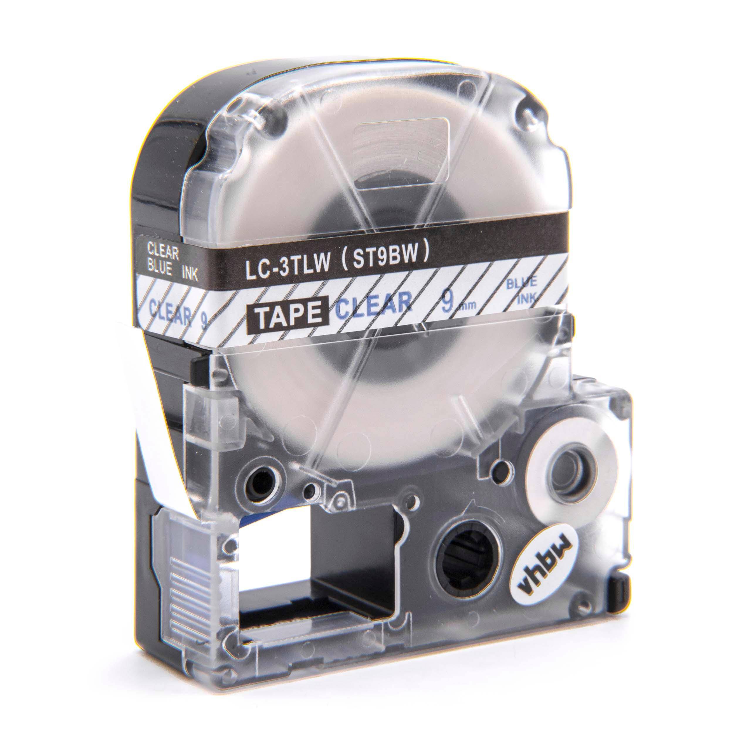 vhbw Schriftband-Kassette kompatibel mit KingJim SR150, SR330, SR300TF, SR180, SR230C Etiketten-Drucker 8m x 9mm Blau auf Transparent, Kunststoff