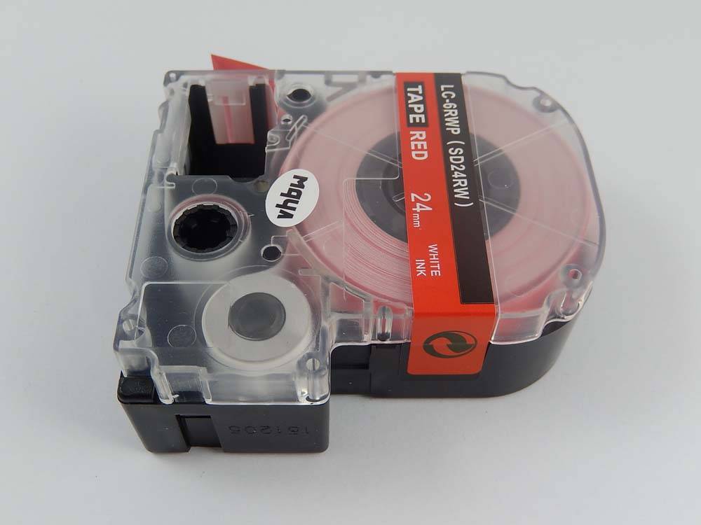 vhbw Schriftband-Kassette kompatibel mit KingJim SR530, SR550, SR3900C, SR530C, SR3900P, SR6700D, SR330 Etiketten-Drucker 8m x 24mm Weiß auf Rot