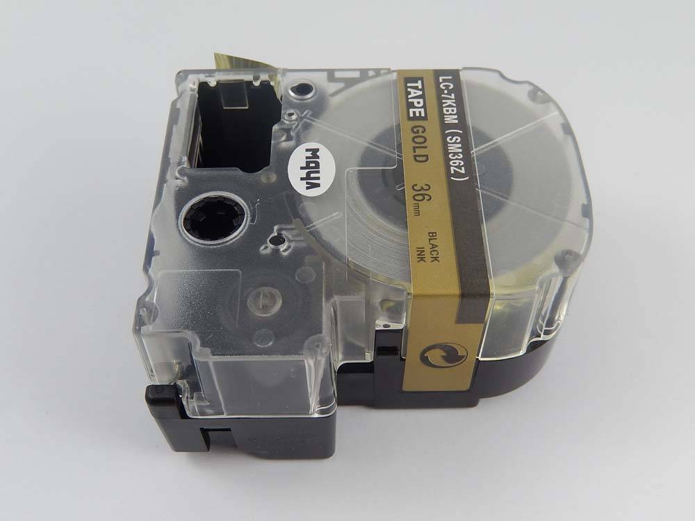 vhbw Schriftband-Kassette kompatibel mit KingJim SR3900C, SR3900P, SR750, SR950 Etiketten-Drucker 8m x 36mm Schwarz auf Gold