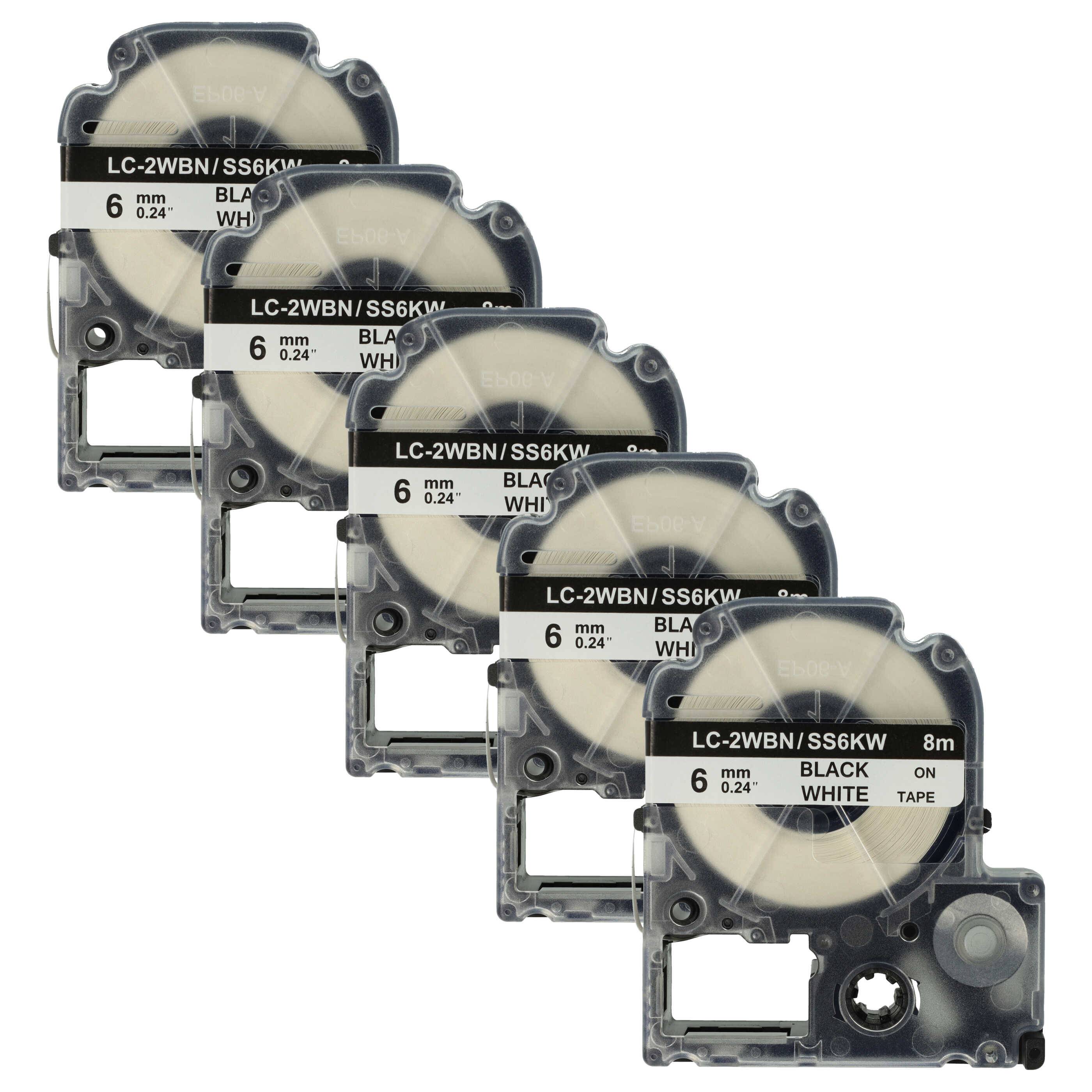 vhbw 5x Schriftband-Kassette kompatibel mit Epson LabelWorks LW-1000P, LW-600P, LW-500, LW-400, LW-300 Etiketten-Drucker 8m x 6mm Schwarz auf Weiß