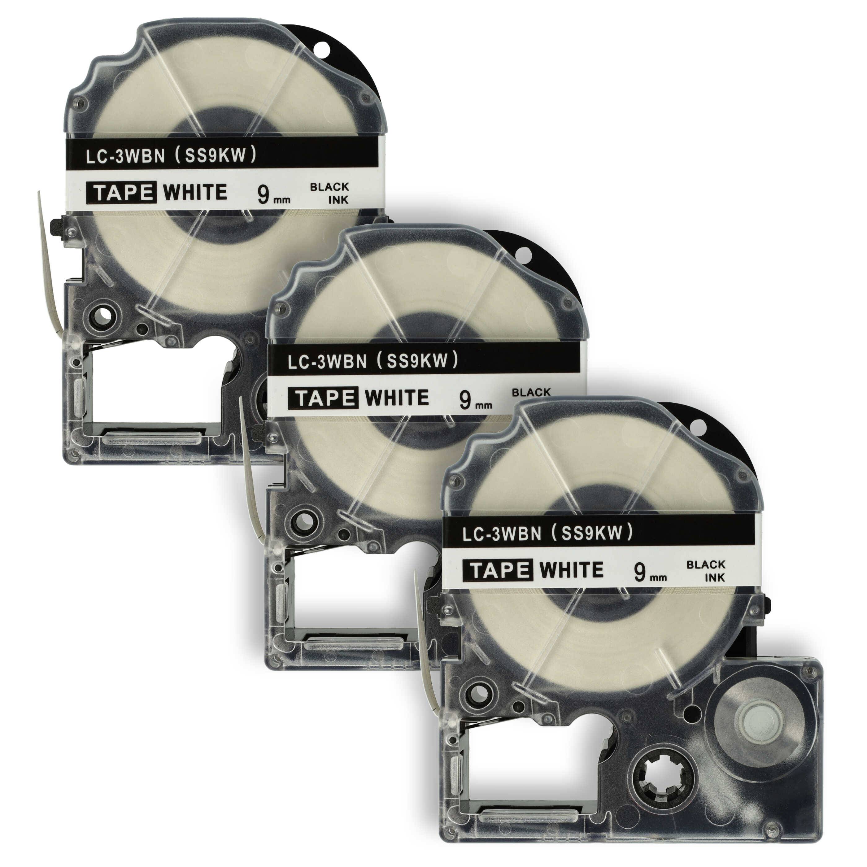 vhbw 3x Schriftband-Kassette kompatibel mit KingJim SR-PBW1, SR-RK1, SR750, SR950 Etiketten-Drucker 8m x 9mm Schwarz auf Weiß