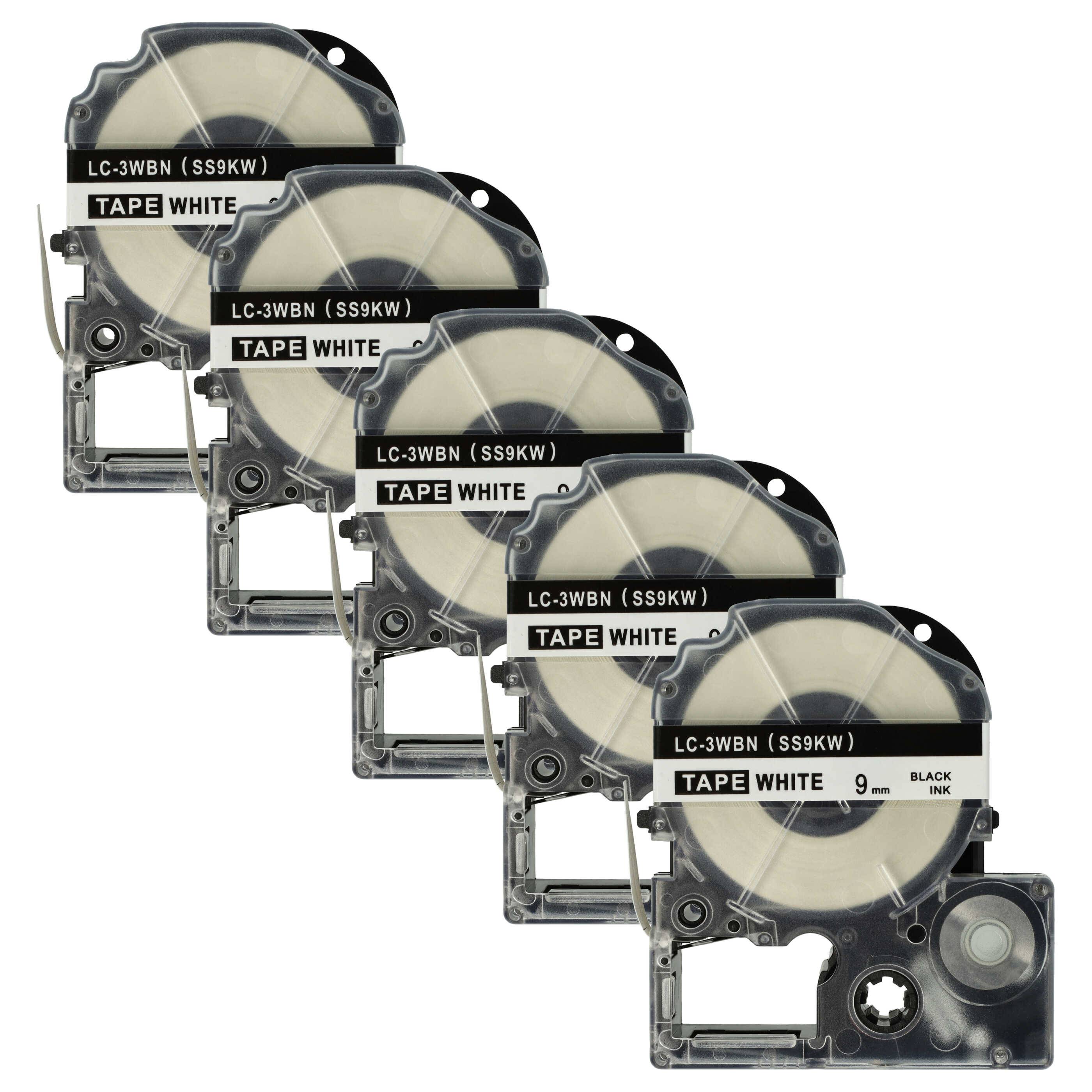 vhbw 5x Schriftband-Kassette kompatibel mit KingJim SR-PBW1 | SR-RK1, SR750, SR950 Etiketten-Drucker 8m x 9mm Schwarz auf Weiß