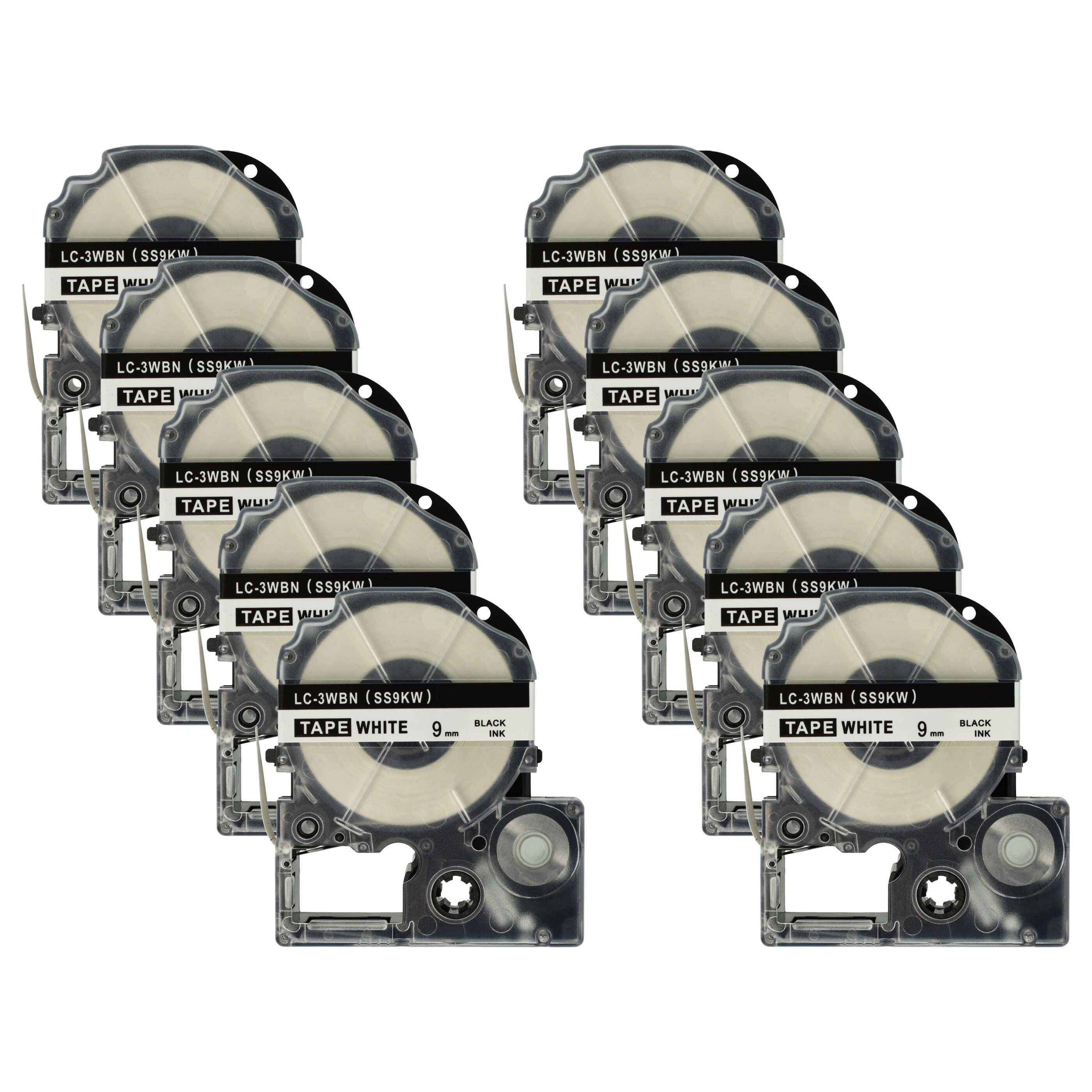 vhbw 10x Schriftband-Kassette kompatibel mit KingJim SR530, SR550, SR3900C, SR530C, SR3900P, SR40 Etiketten-Drucker 8m x 9mm Schwarz auf Weiß