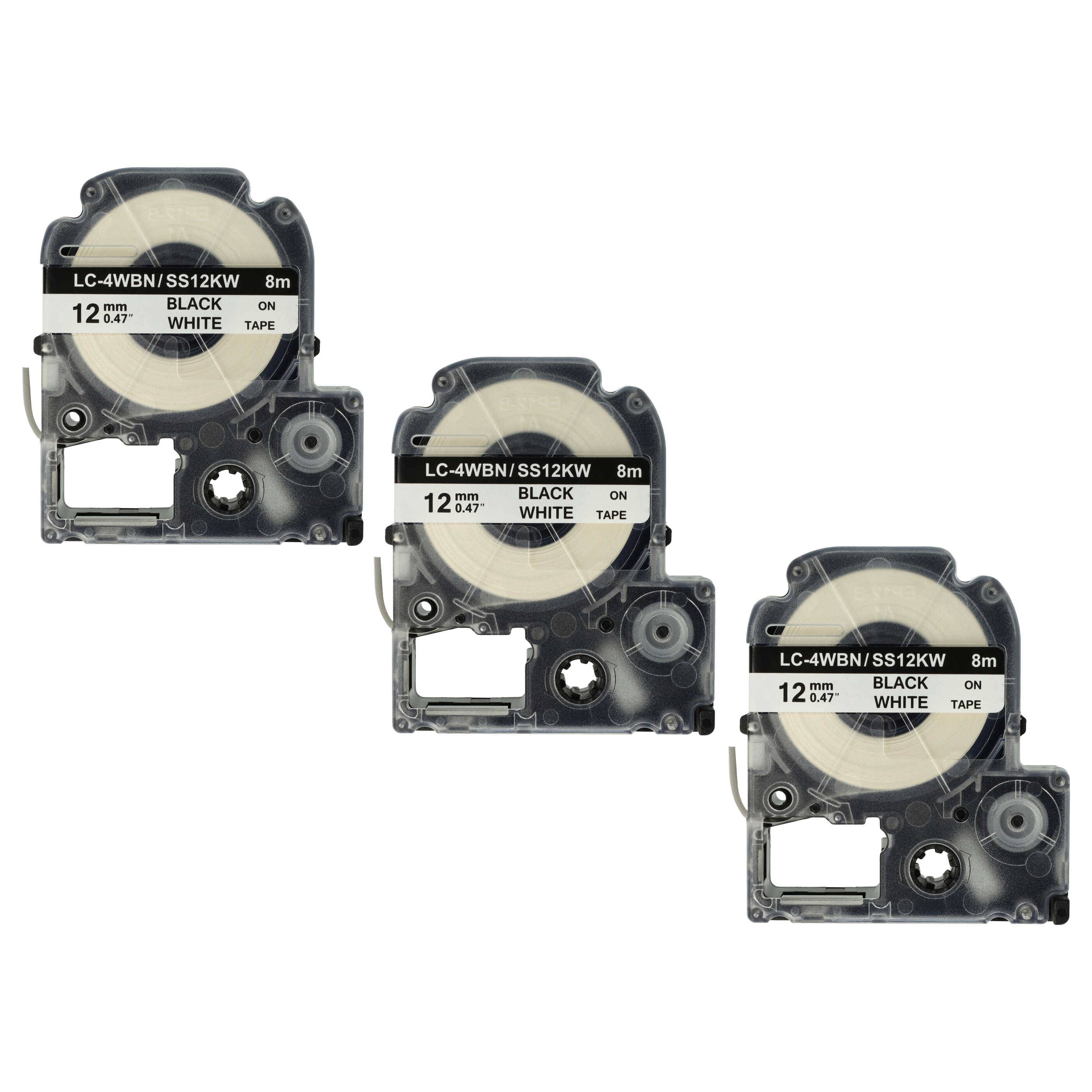 vhbw 3x Schriftband-Kassette Ersatz für Epson SS12KW, LC-4WBN für Etiketten-Drucker 8m x 12mm Schwarz auf Weiß