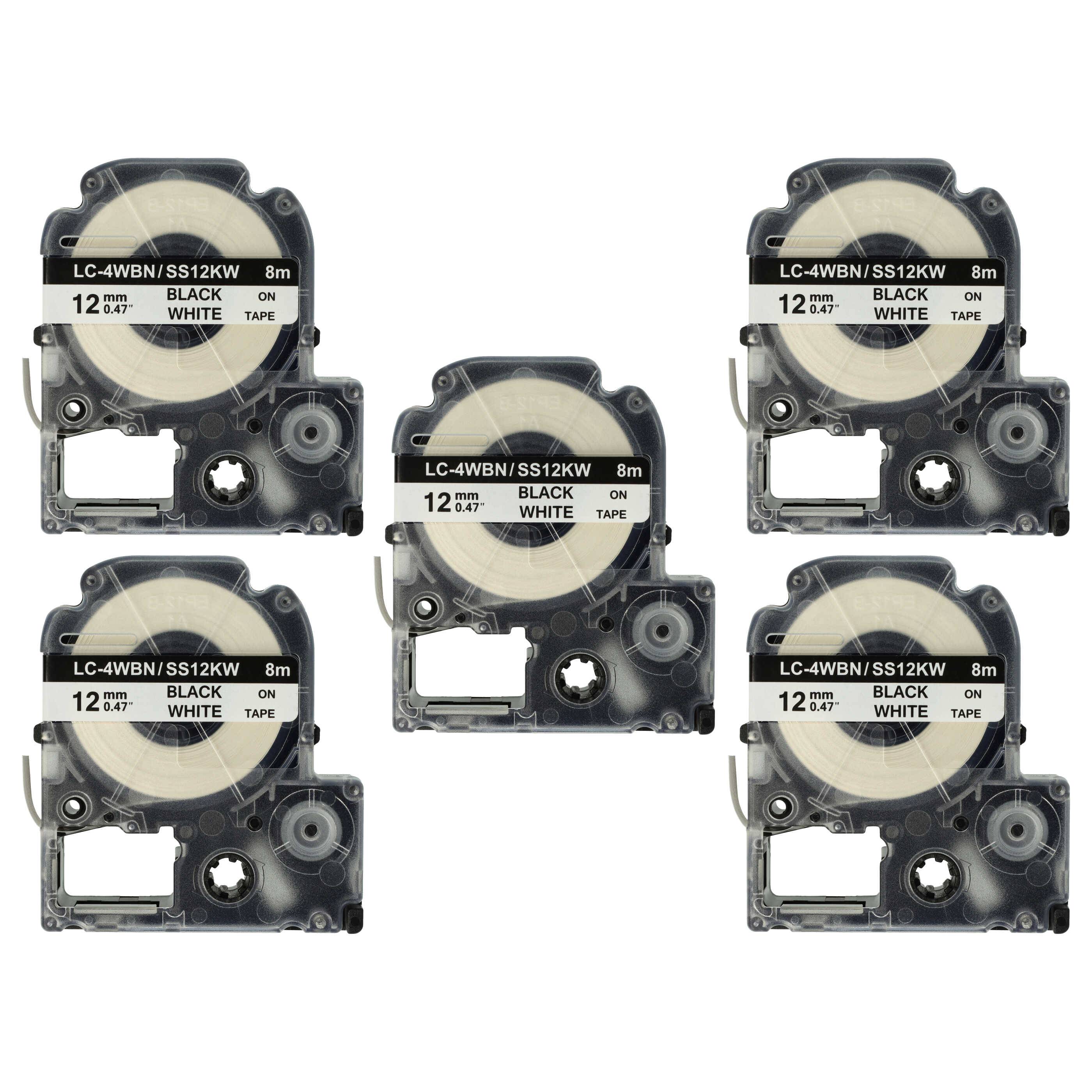 vhbw 5x Schriftband-Kassette Ersatz für Epson SS12KW | LC-4WBN für Etiketten-Drucker 8m x 12mm Schwarz auf Weiß