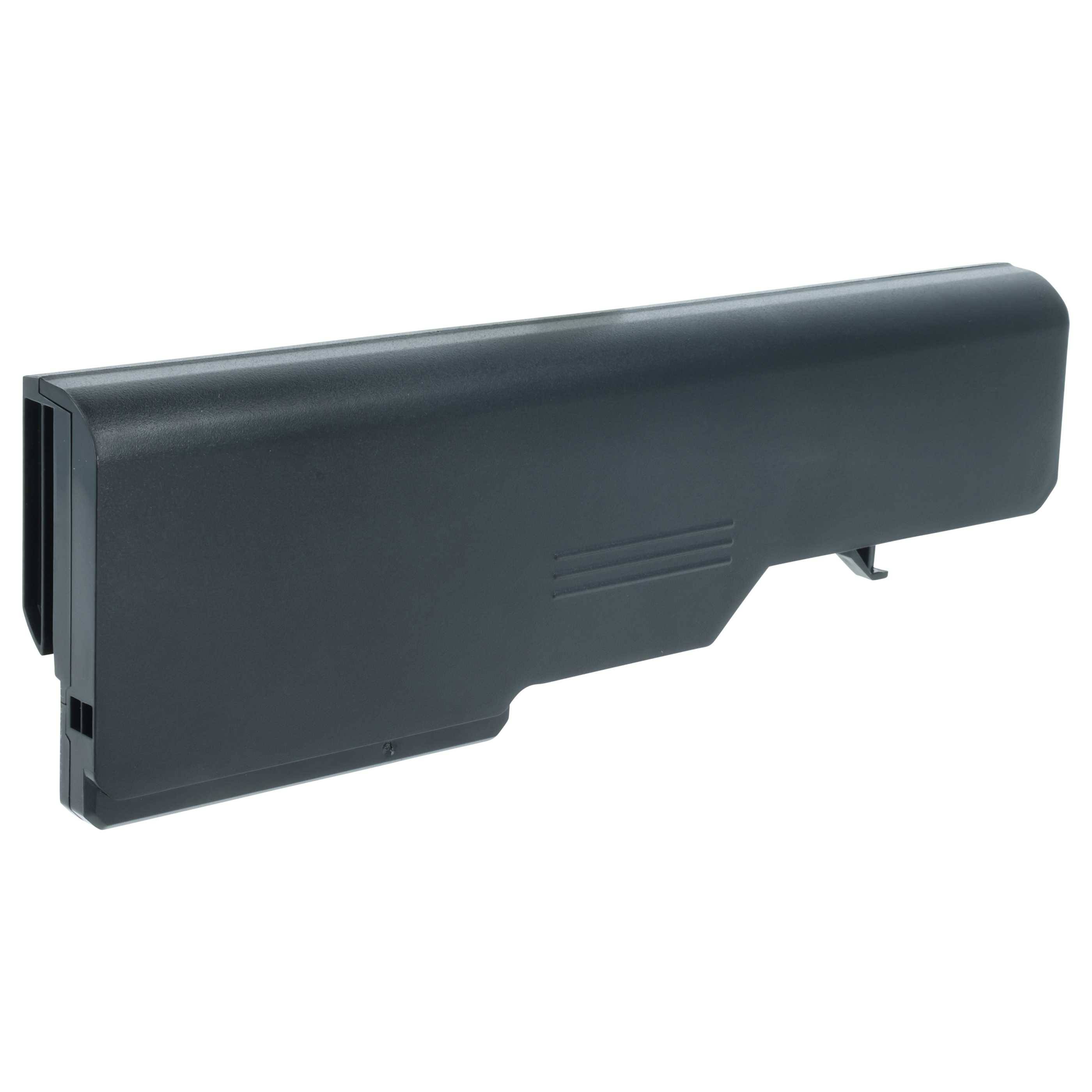 Eine schwarze rechteckige Laptop-Batterie auf weißem Hintergrund, mit einer glatten Oberfläche und einer Kerbe an einem Ende.
