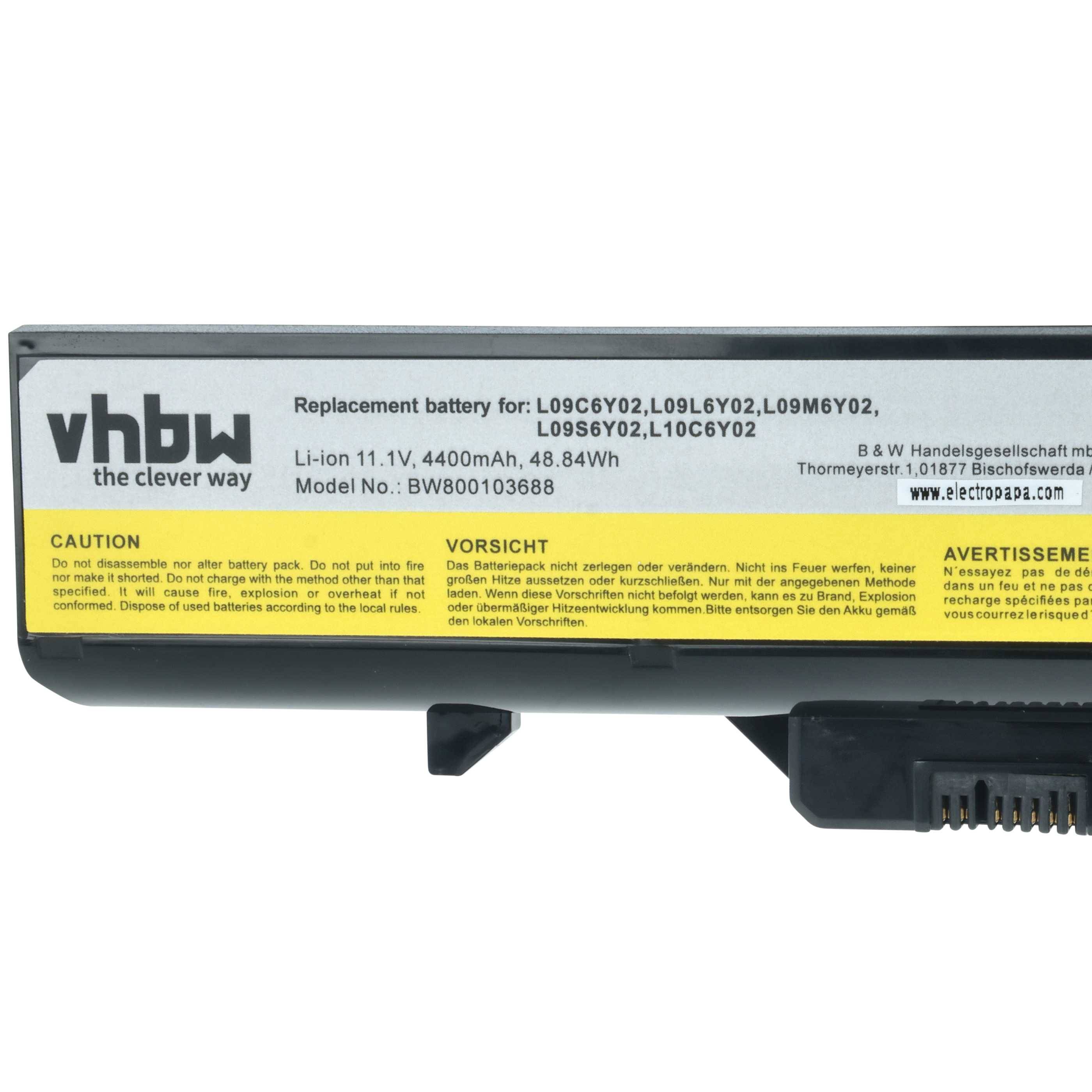 Ein Laptop-Akku mit der Markierung 'vhbw der clevere Weg'. Modell: L09C6Y02, 11,1V, 4400mAh. Sicherheitswarnungen in mehreren Sprachen.