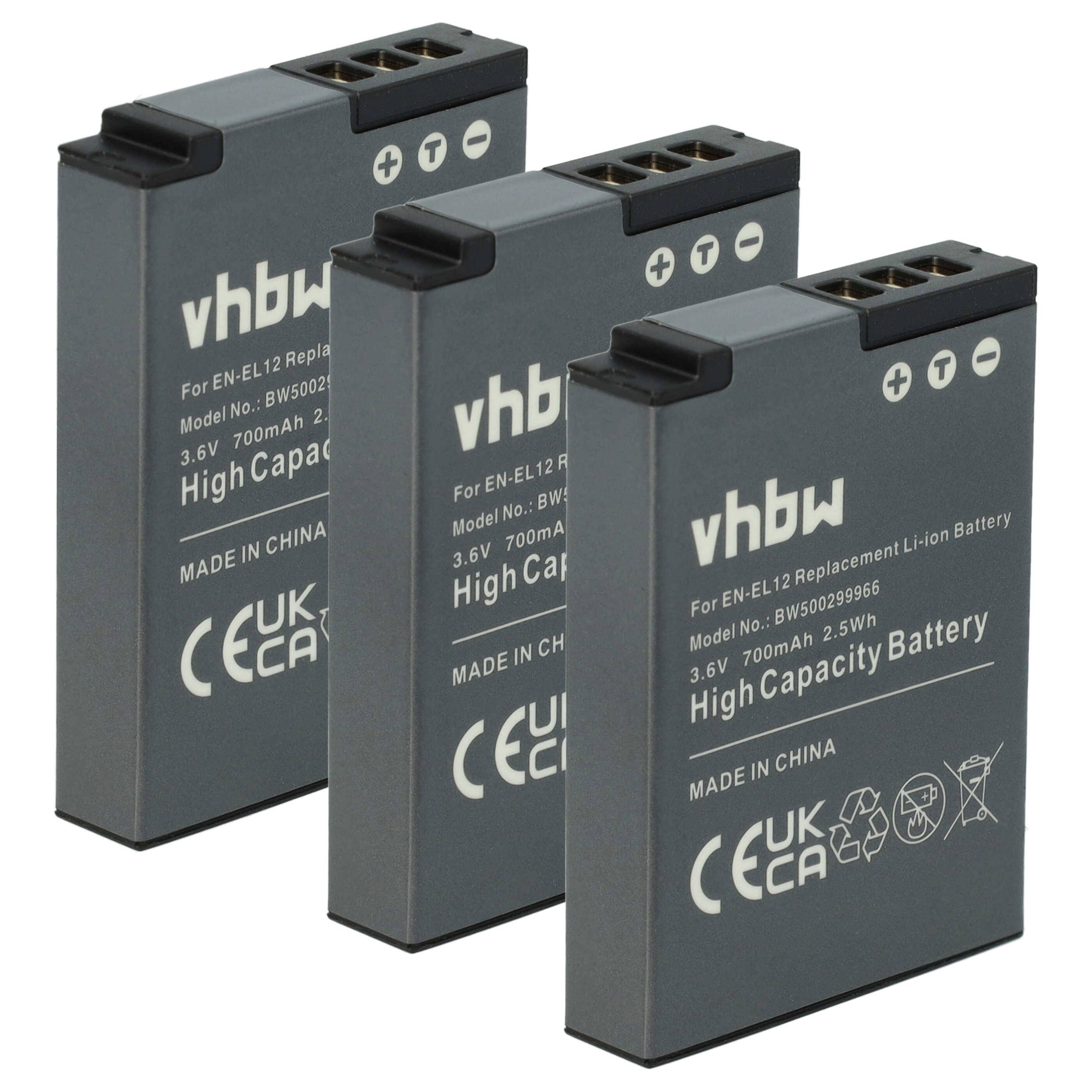 vhbw 3x Akku kompatibel mit Nikon Coolpix S9500, S9400, W300, S9700, S9900, S9300, S9600 Kamera (700 mAh, 3,6 V, Li-Ion)