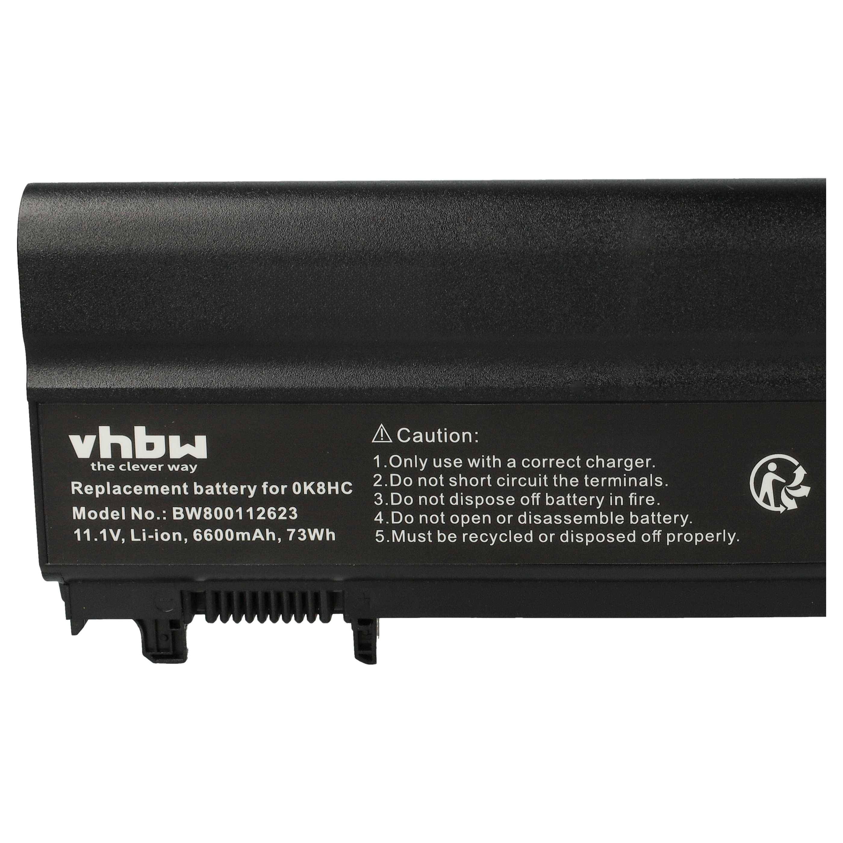 Ersatzbatterie für 0K8HC, Modellnummer: BW8000112623, 11,1V, Li-Ion, 6600mAh, 73Wh. Vorsicht: Verwenden Sie das richtige Ladegerät; Kurzschluss oder Feuerentsorgung vermeiden; nicht auseinandernehmen; ordnungsgemäß recyceln.