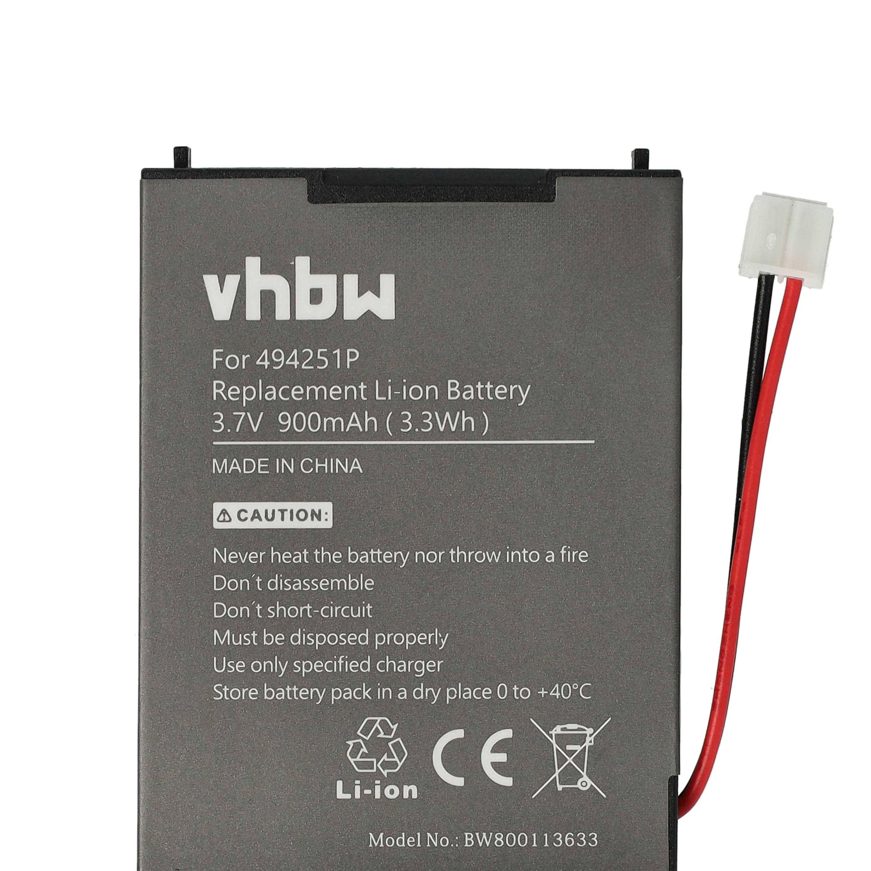 Ersatz-Lithium-Ionen-Akku vhbw mit Bezeichnung für 494251P, 3,7V 900mAh, mit Anschlussleitung und Sicherheitswarnungen.