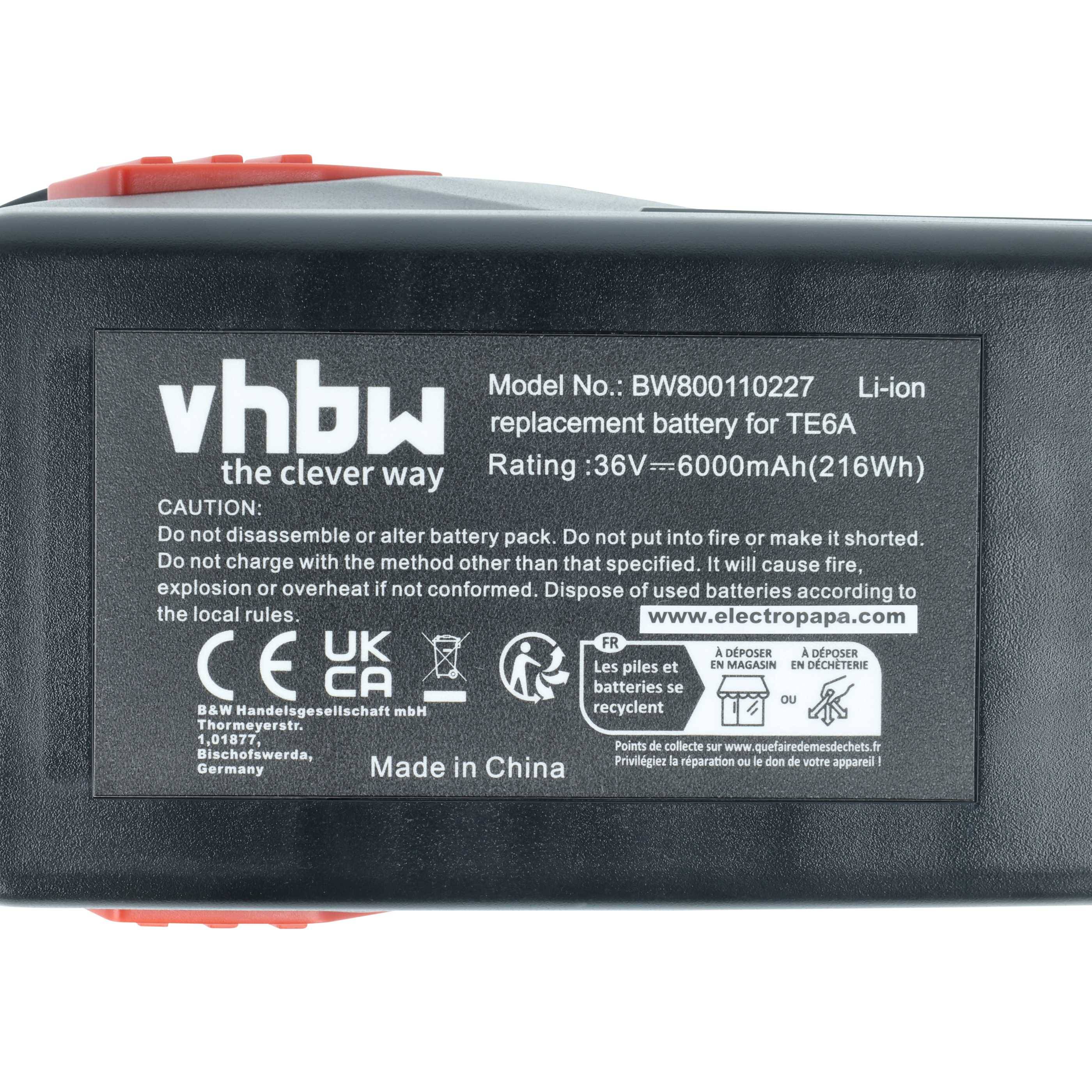 Ersatzbatterie-Etikett für TE6A, Modell BW800110227. Li-Ion, 36V, 6000mAh, 216Wh. Enthält Sicherheitshinweise und Zertifizierungen.
