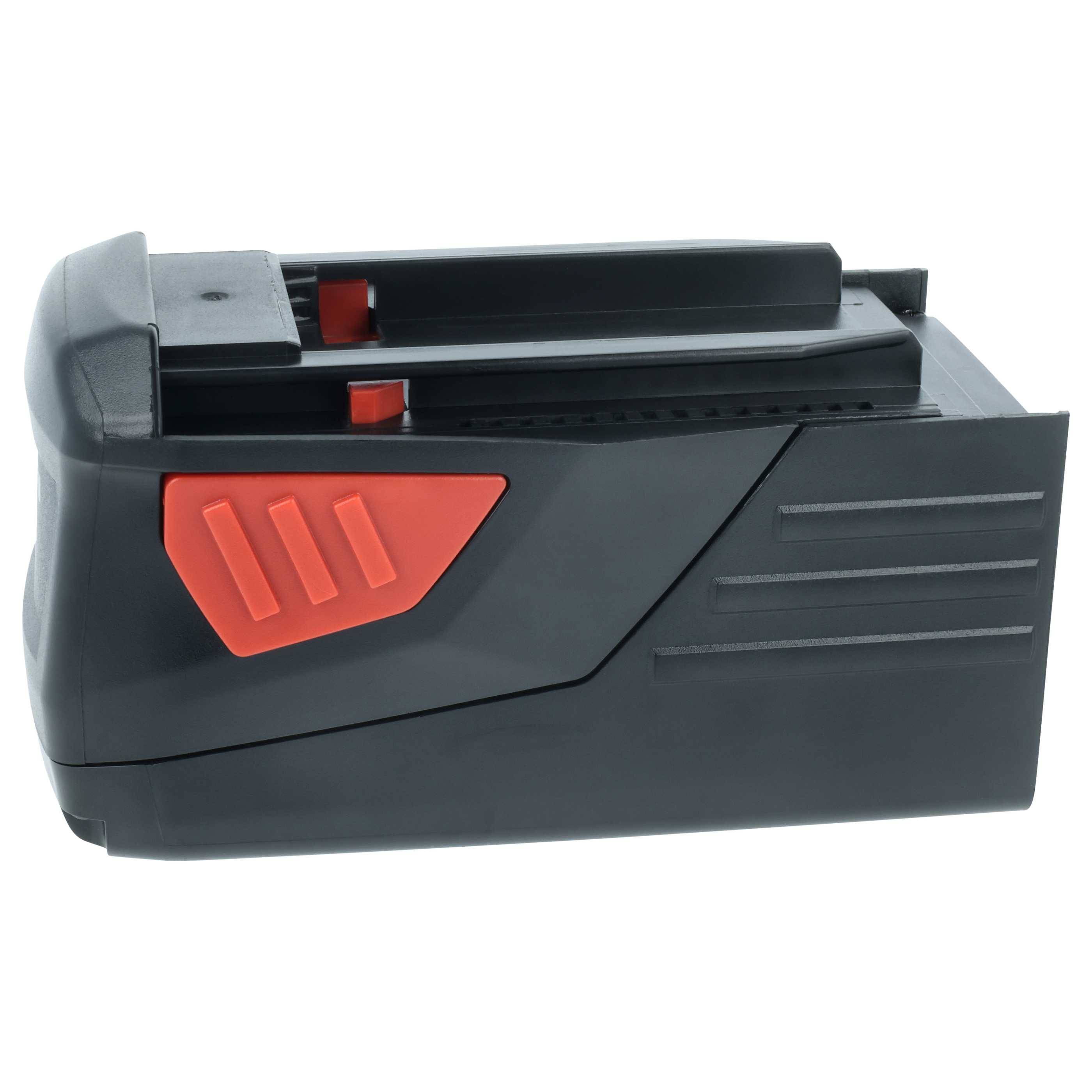 Eine schwarze und rote Akku-Batterie für Elektrowerkzeuge mit rechteckiger Form, orangefarbenen Akzenten und gerillten Seiten für besseren Halt.