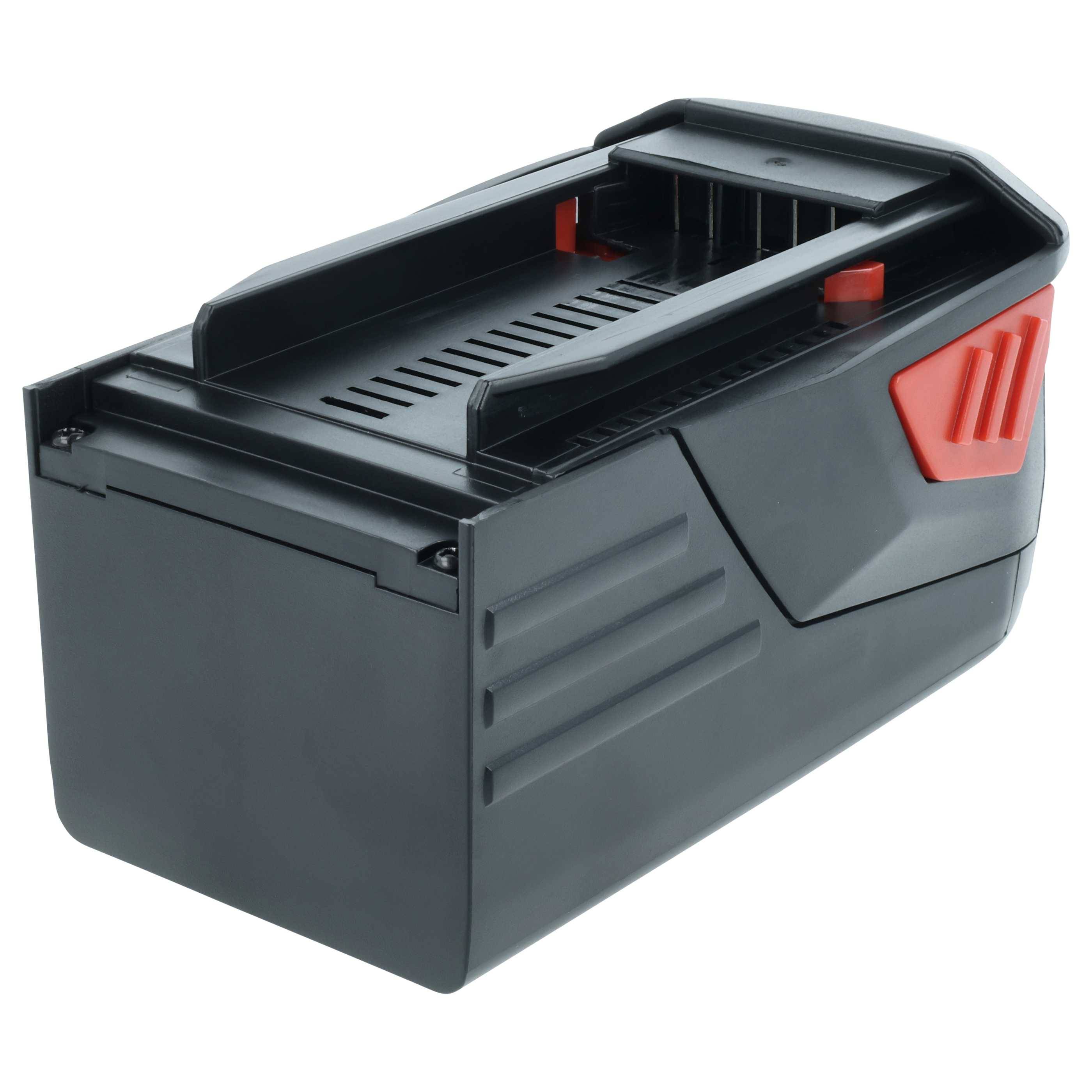 Schwarzer und roter rechteckiger Akkupack mit Griff, entwickelt für mobile Elektrowerkzeuge.