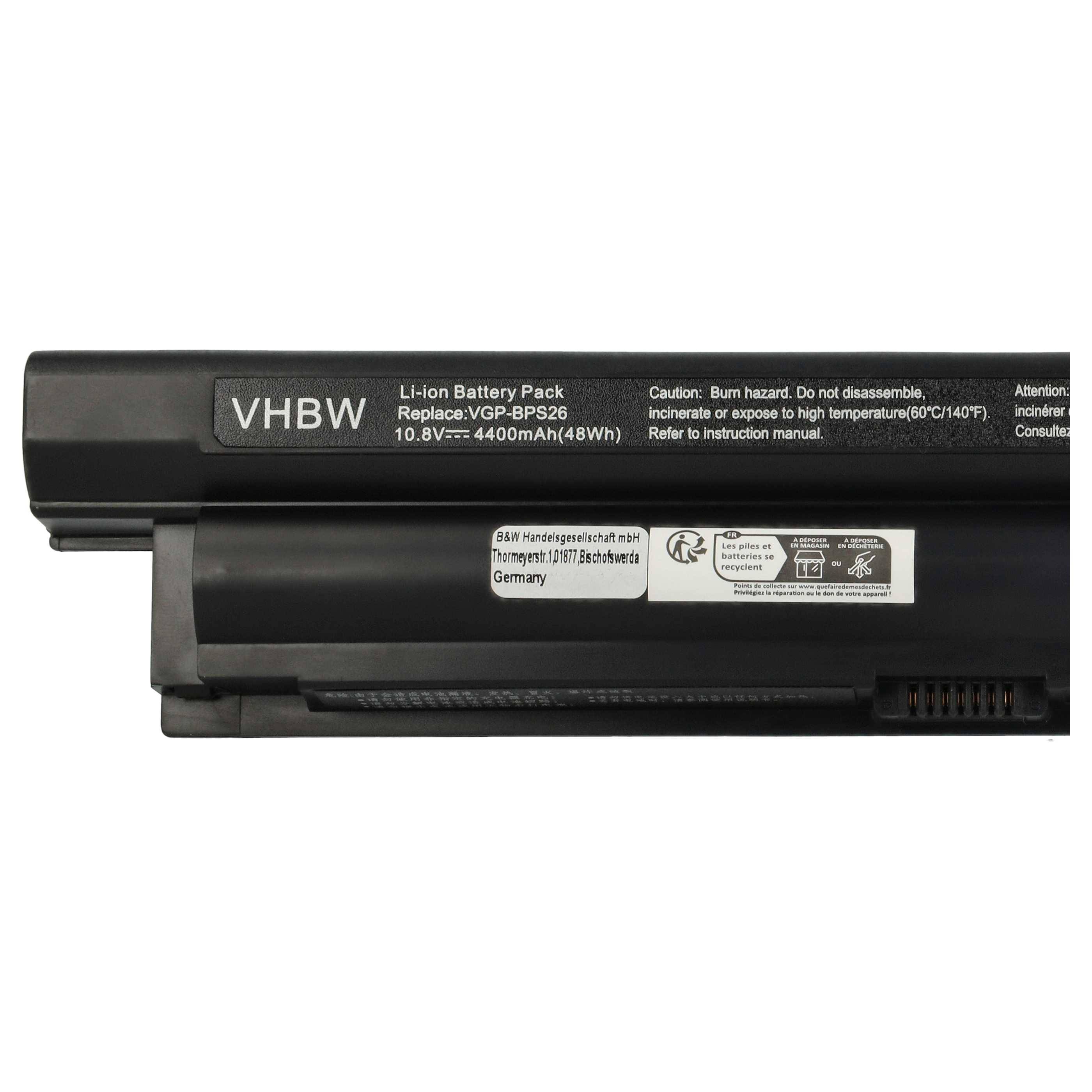 Schwarzes VHBW Lithium-Ionen-Laptop-Akku-Pack mit der Bezeichnung „VGP-BPS26