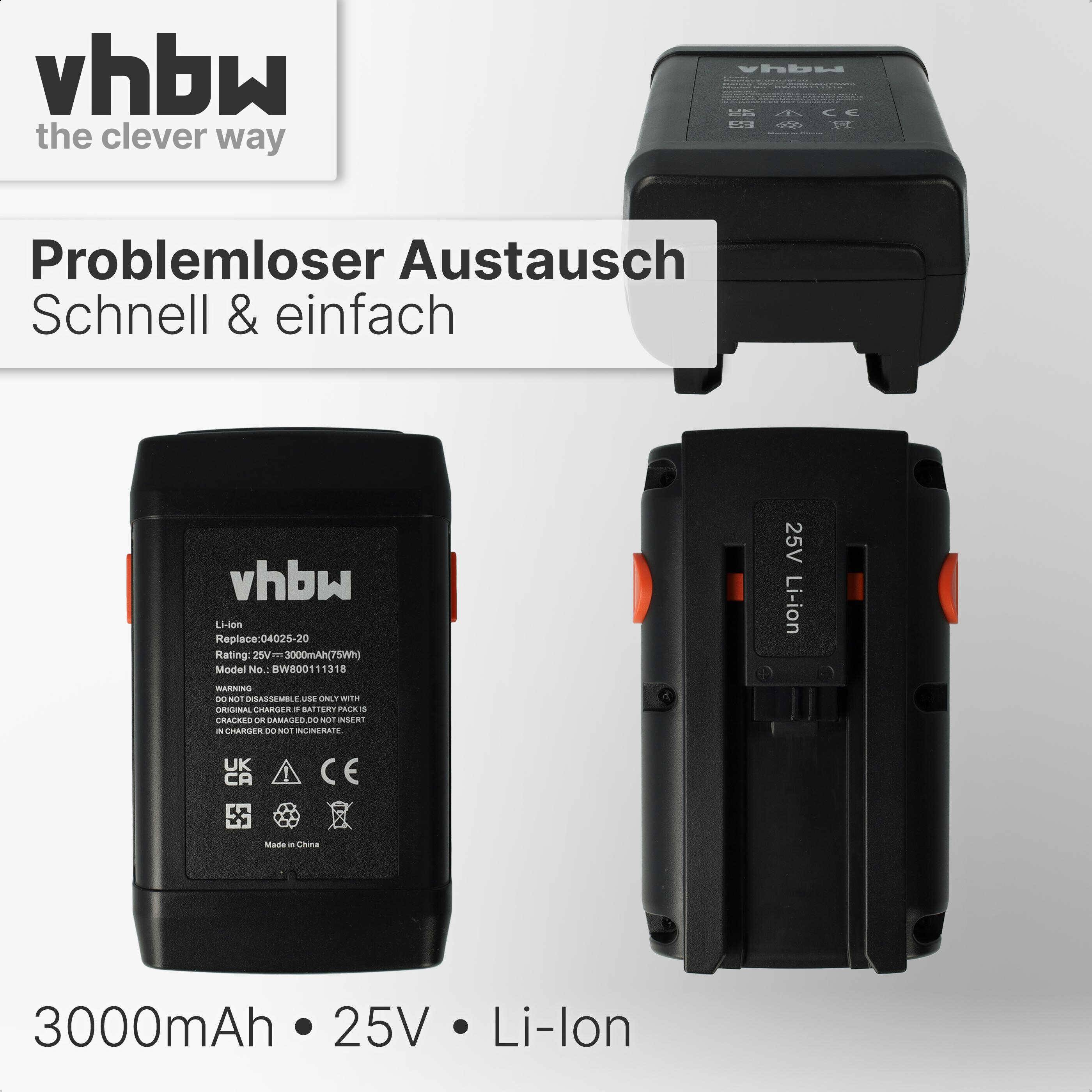 vhbw Akku kompatibel mit Gardena Spindelmäher 380 C (4024-20), 380 EC (4028-20), 380 Li (4025-20) Rasenmäher (3000mAh, 25V, Li-Ion)