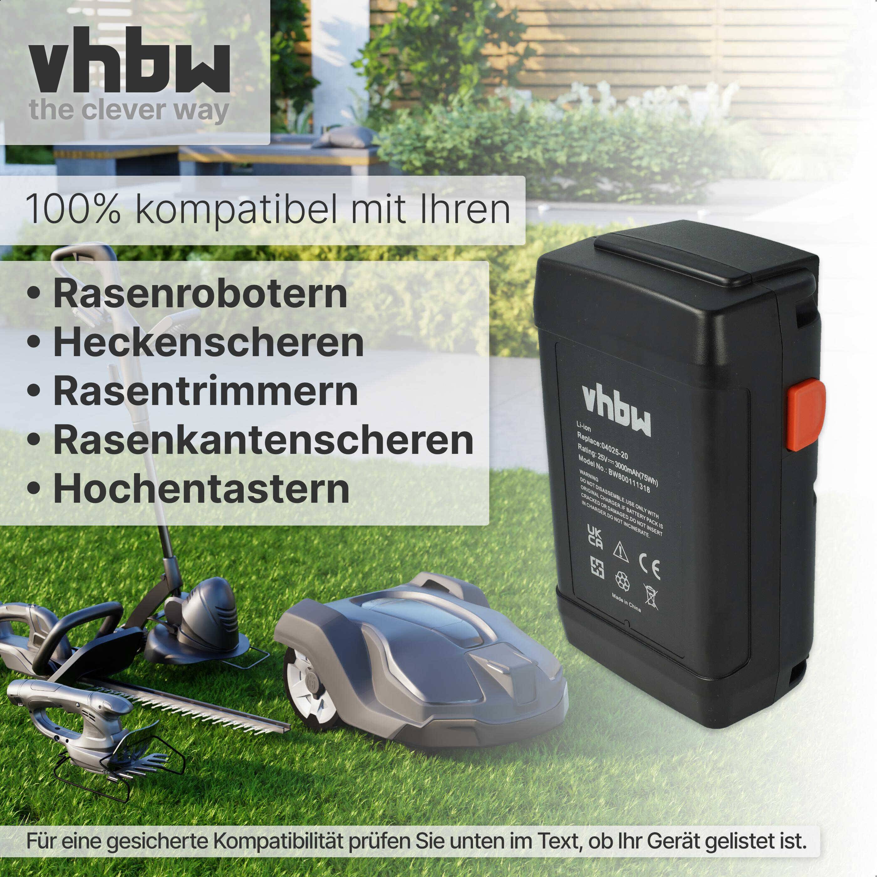 vhbw Akku kompatibel mit Gardena 525563001, 4025-00.640.00 Rasenmäher (3000mAh, 25V, Li-Ion)