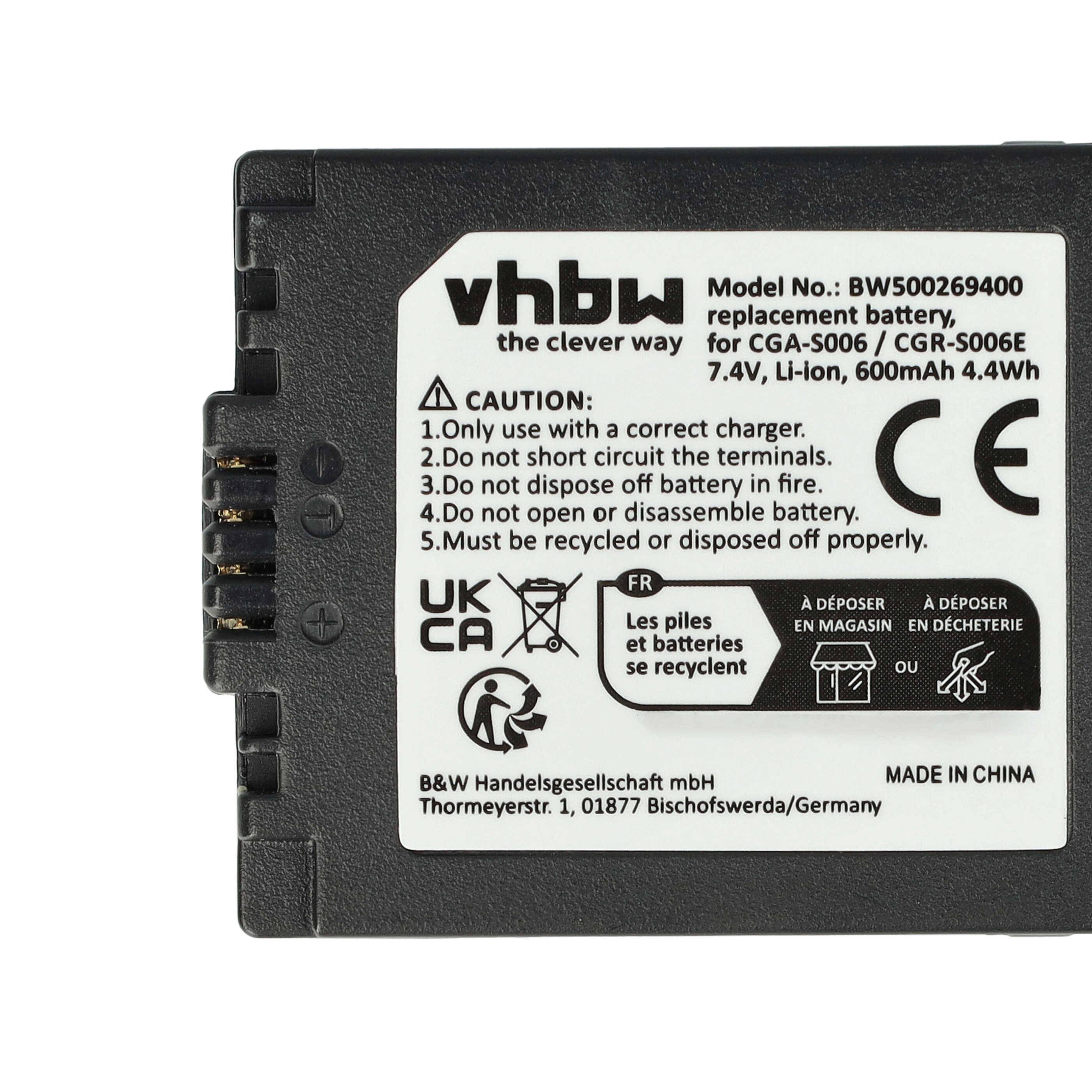 vhbw 2x Akku Ersatz für Panasonic DMW-BMA7, CGR-S006E, CGR-S006, CGA-S006E, CGA-S006 für Kamera (600 mAh, 7,2 V, Li-Ion)