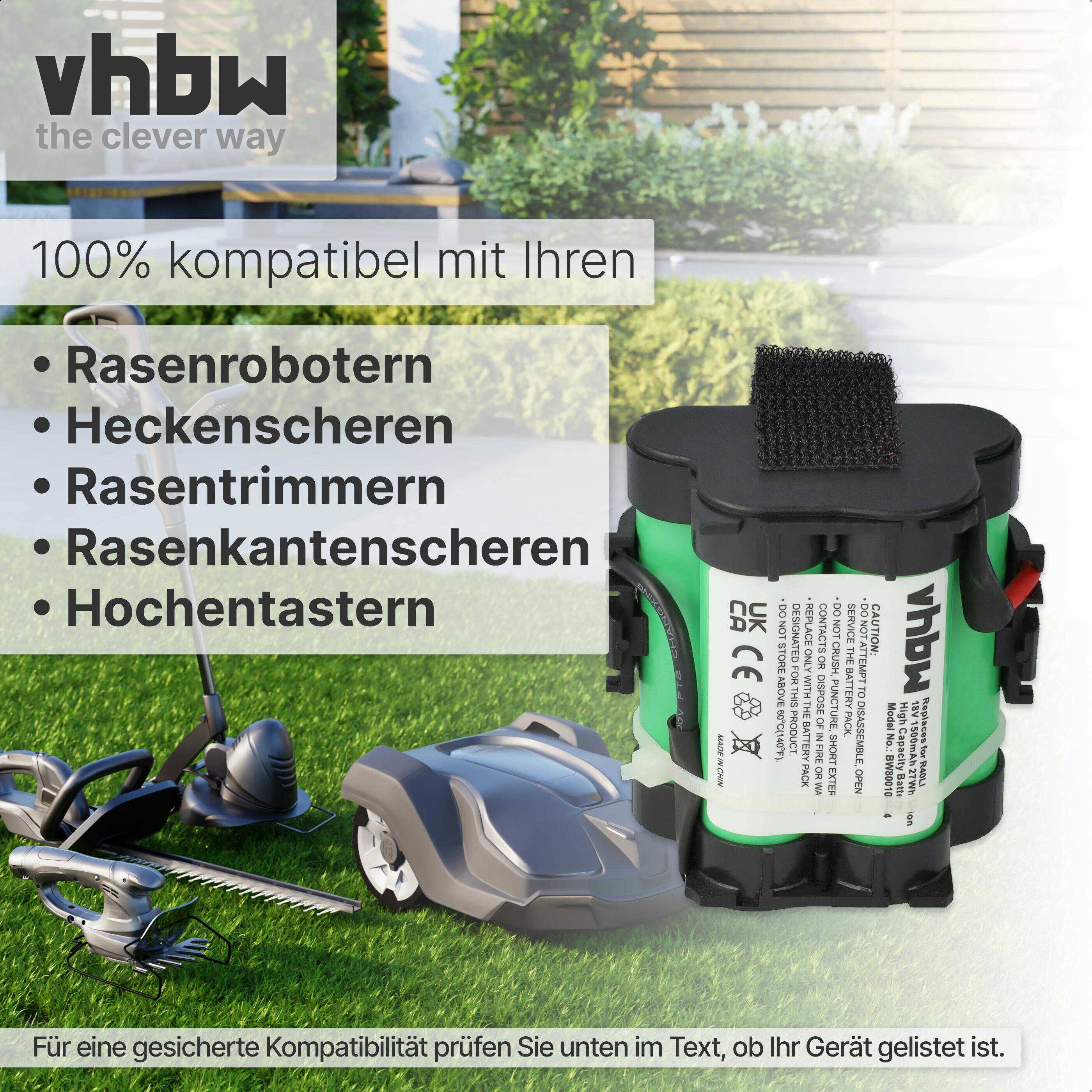 vhbw Akku kompatibel mit Gardena 124562, R38Li, R40Li, R45Li, R50Li, R70Li, R75Li, R80Li Rasenroboter Rasenmäher - Ersatzakku (1500mAh, 18V, Li-Ion)