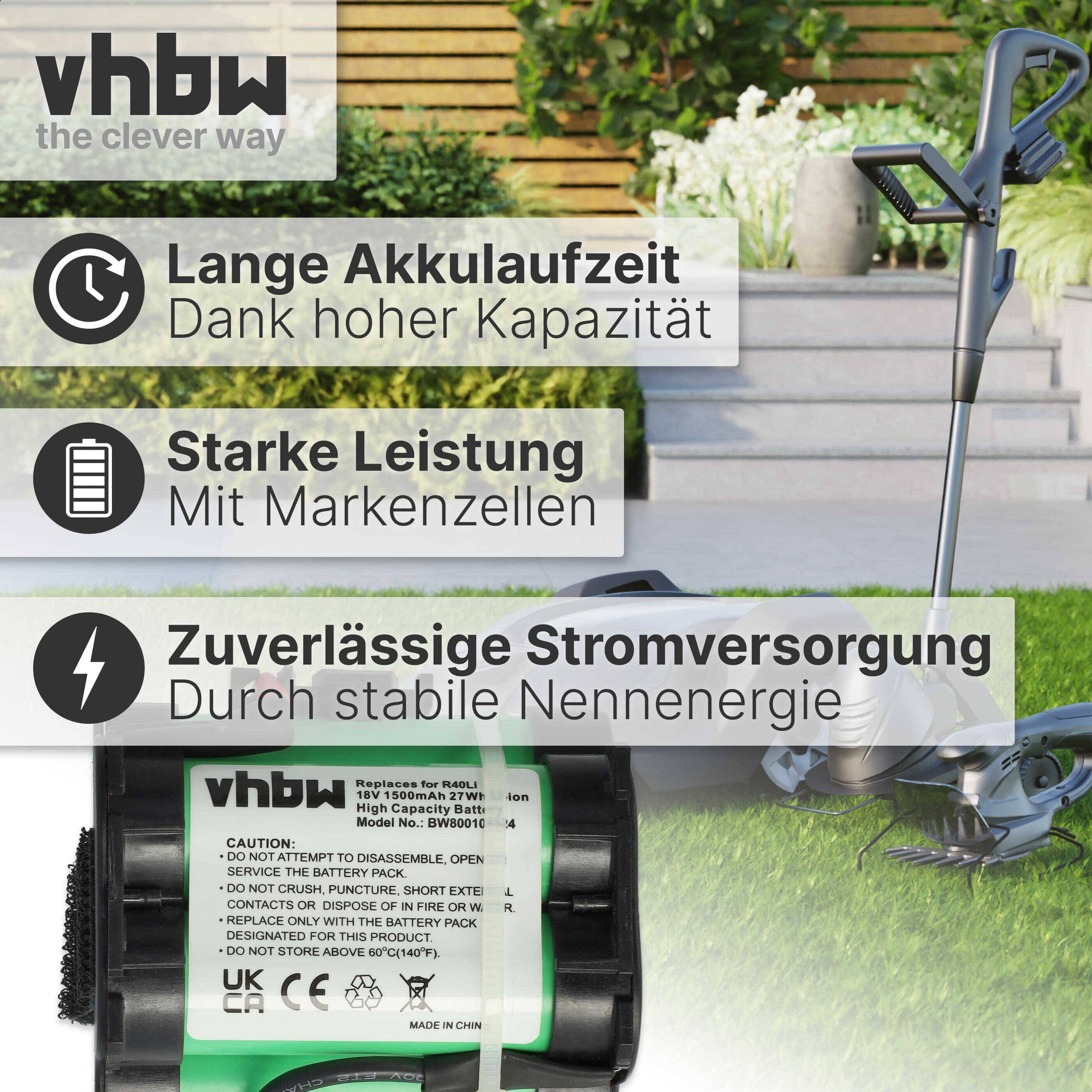 vhbw Akku kompatibel mit Gardena 124562, R38Li, R40Li, R45Li, R50Li, R70Li, R75Li, R80Li Rasenroboter Rasenmäher - Ersatzakku (1500mAh, 18V, Li-Ion)