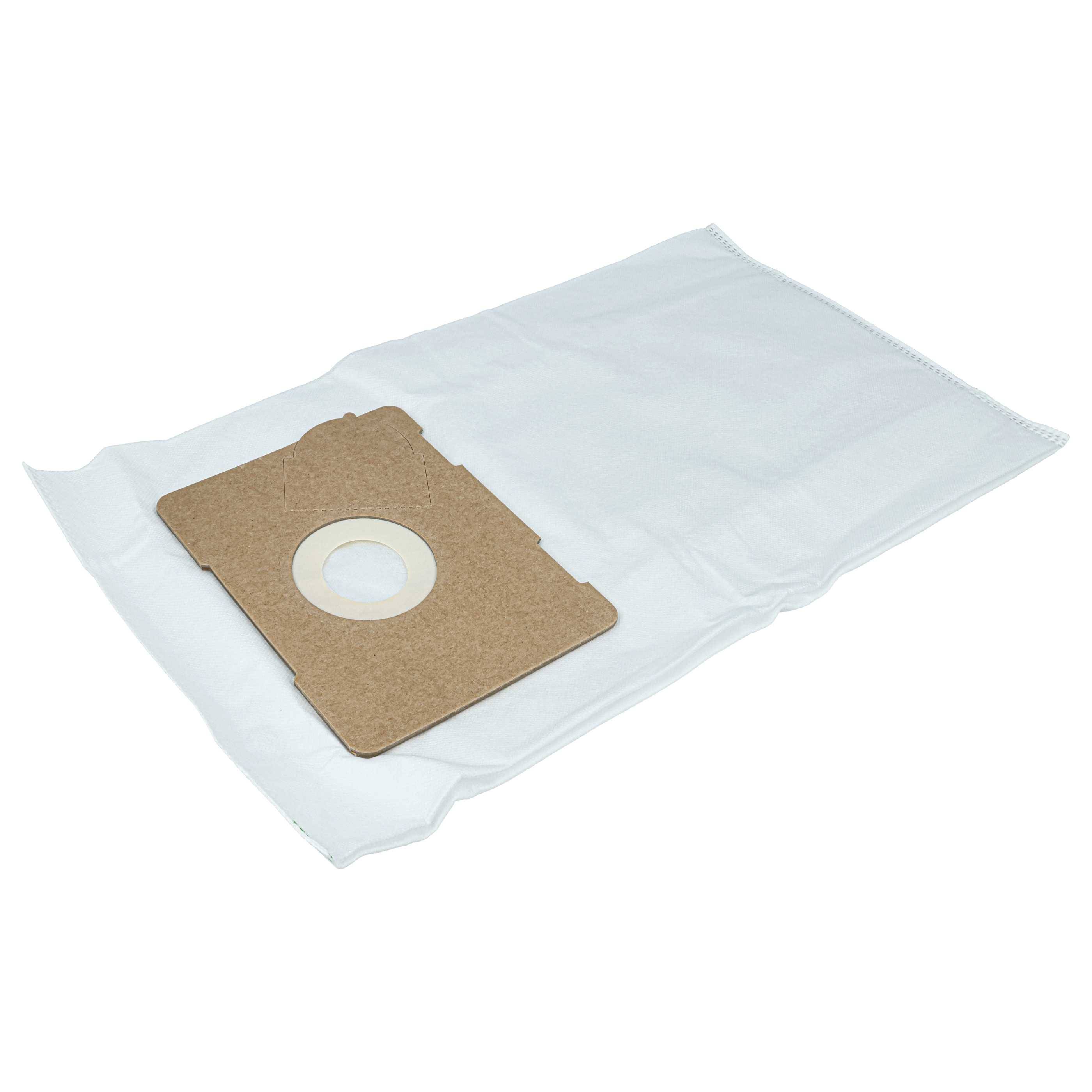 Staubsaugerbeutel mit Kragen aus Pappe, der entwickelt wurde, um in einen Staubsauger zum Sammeln von Staub und Schmutz eingesetzt zu werden, vor einem weißen Hintergrund abgebildet.