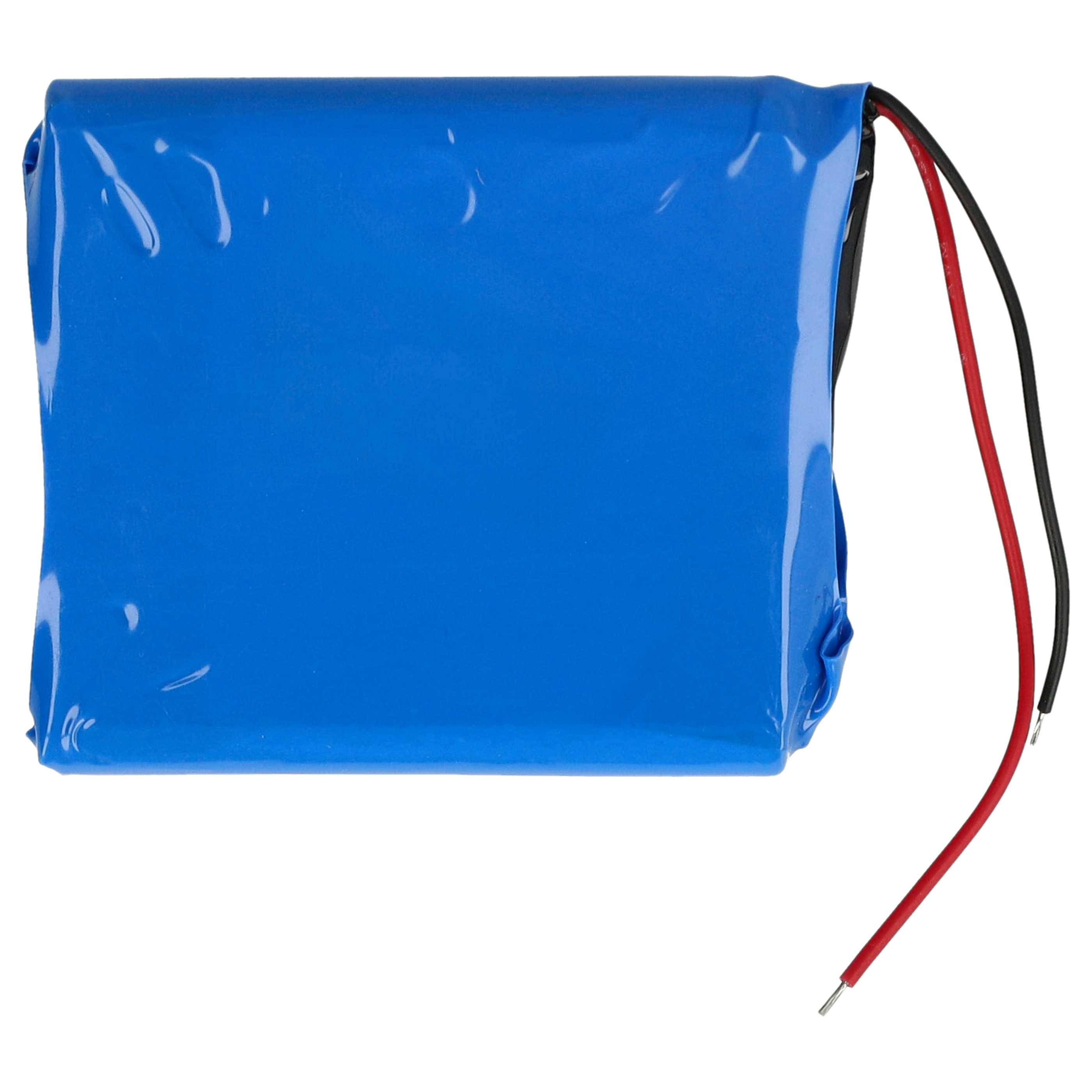 Ein rechteckiges blaues Batteriepak mit roten und schwarzen Drähten, die von einer Seite abgehen, vor einem einfachen weißen Hintergrund.