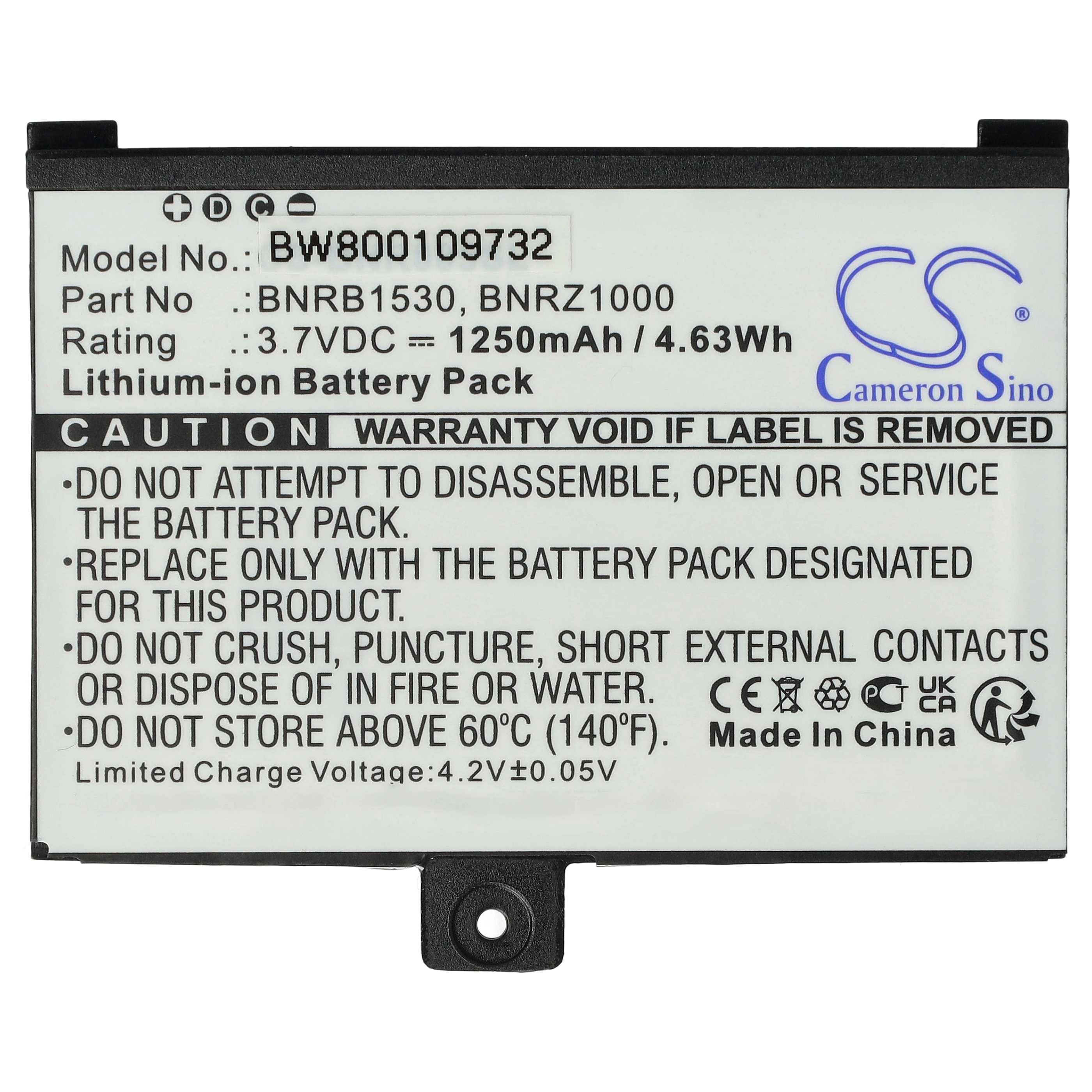 Lithium-Ionen-Akkupack-Etikett mit Modell BW800109732, 3,7VDC 1250mAh, Warnung vor Auseinandernehmen oder Zerquetschen, Marke Cameron Sino.