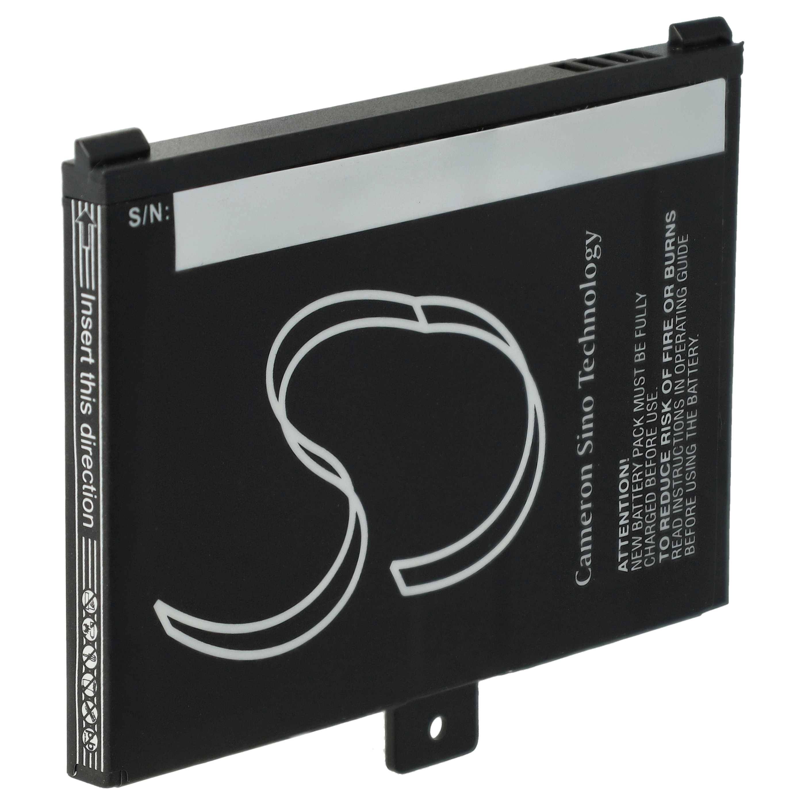 Schwarzer Lithium-Ionen-Akku mit der Aufschrift „In dieser Richtung einsetzen" und Warntext, dargestellt in einem Produktfoto.