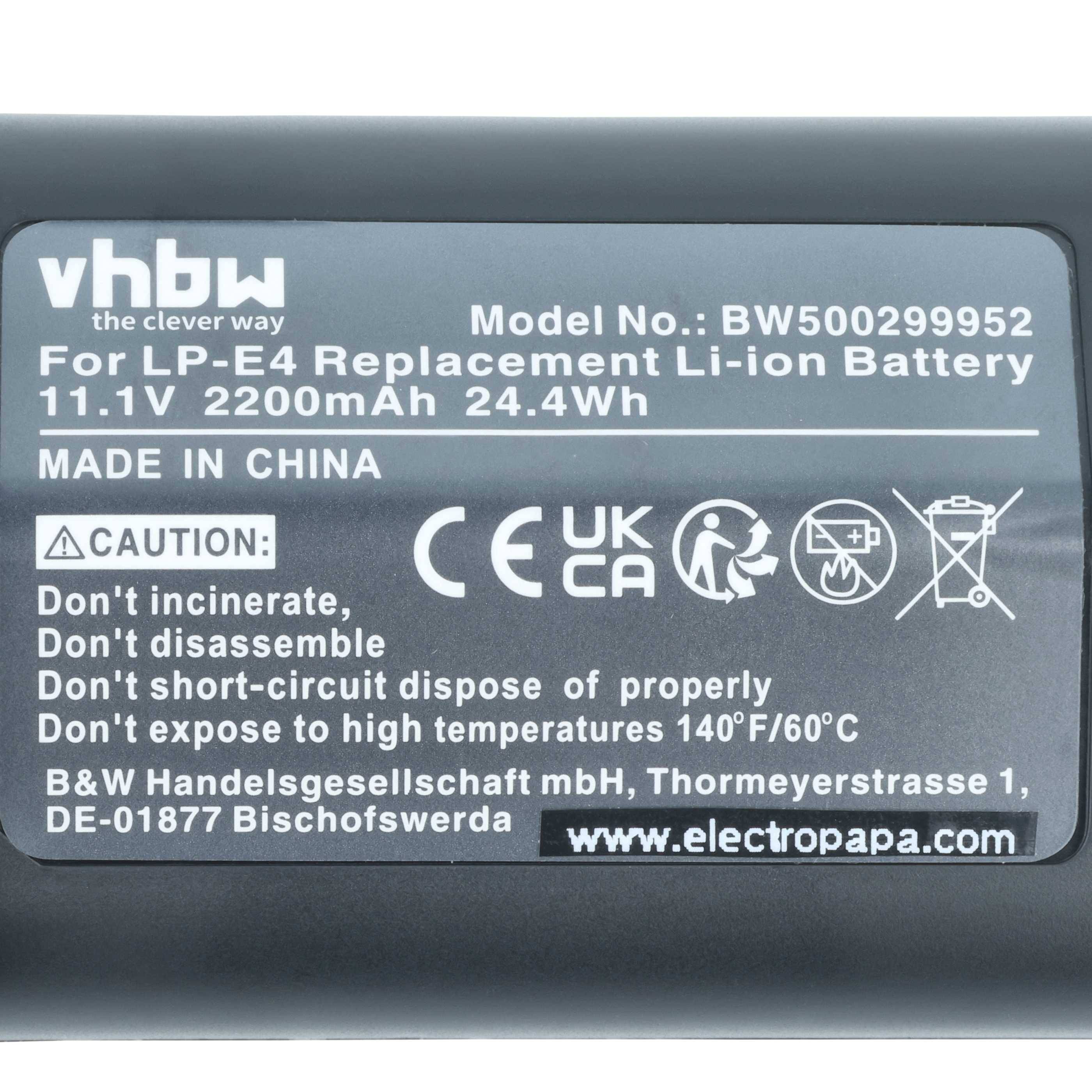 vbhw LP-E4 Ersatz-Li-Ionen-Akku. Modell-Nr.: BW5002999952, 11,1V 2200mAh 24,4Wh. Hergestellt in China. Hinweise zur Entsorgung und Temperaturgrenzwerten.