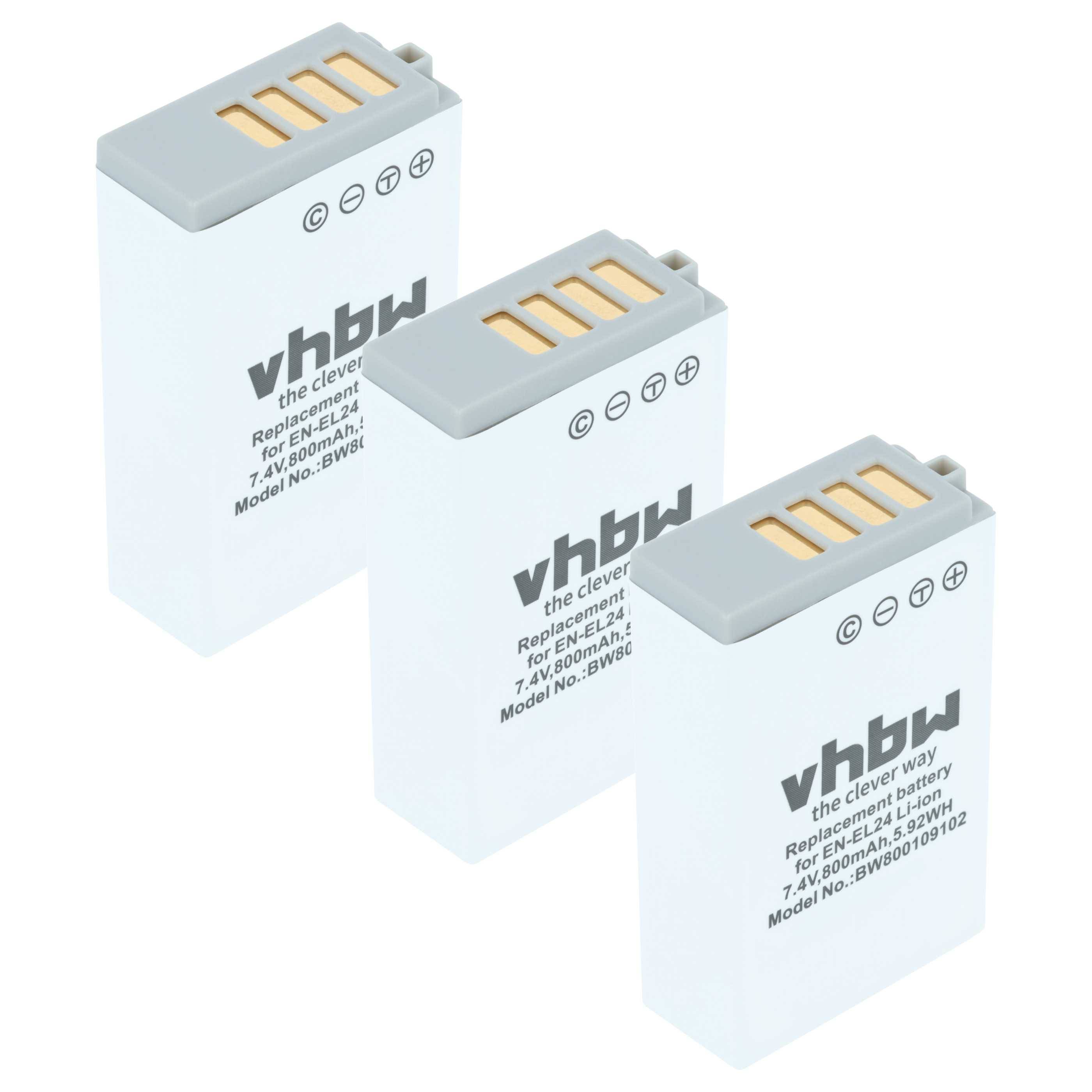 vhbw 3x Akku Ersatz für Nikon VFB11901, EN-EL24 für Kamera (800 mAh, 7,2 V, Li-Ion)