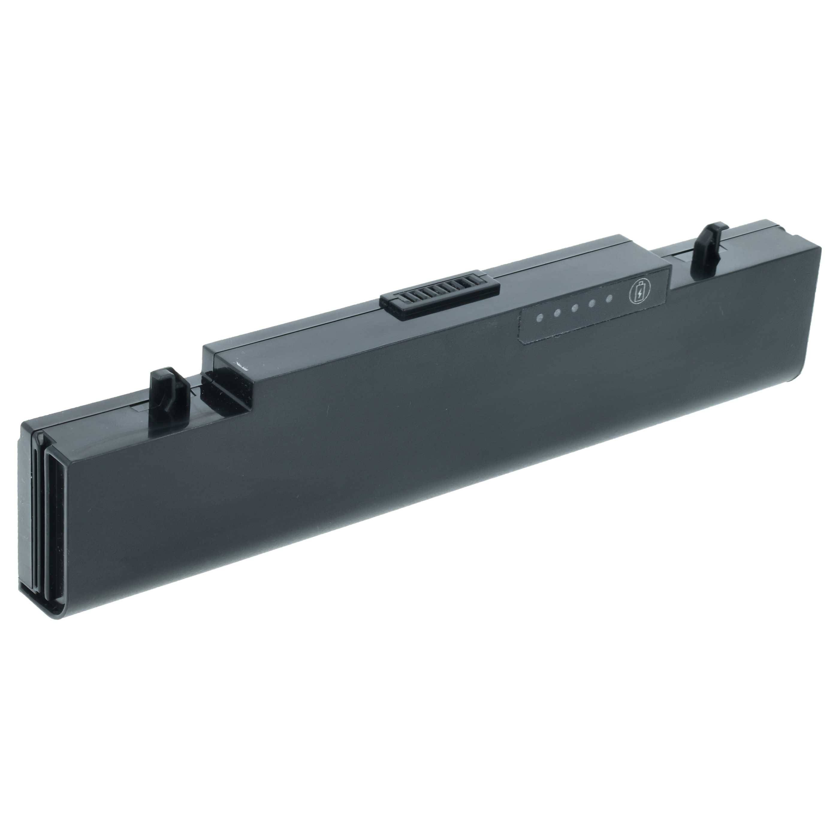 Eine rechteckige schwarze Laptop-Batterie mit Anschlussklemmen an einer Seite und einer Reihe von Anzeigelichtern auf der Oberfläche.