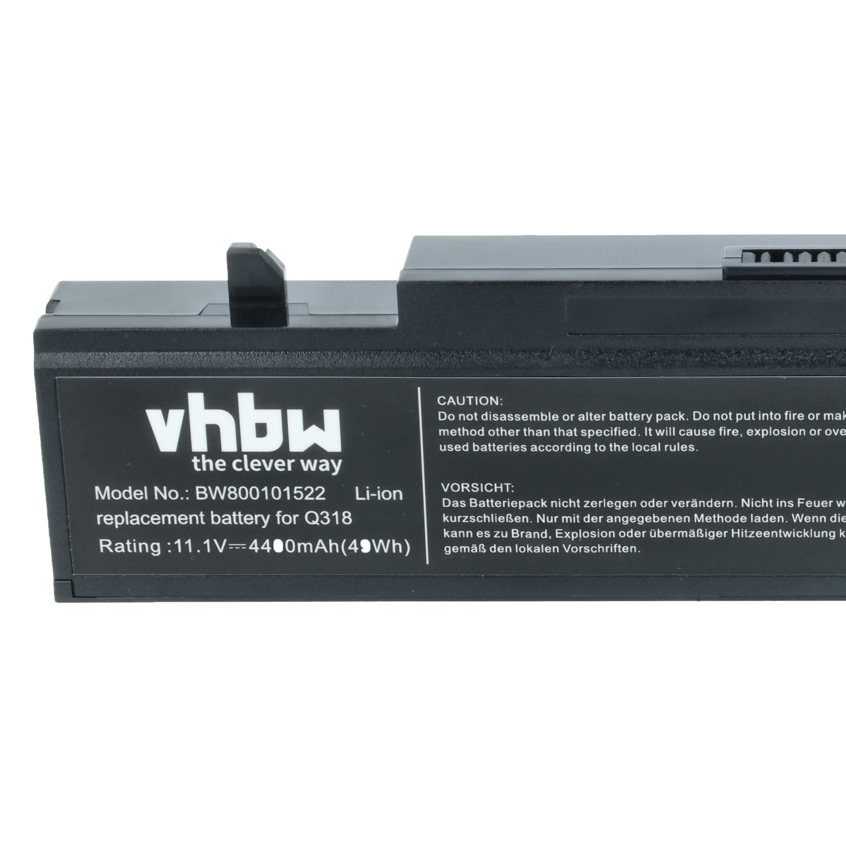 Schwarze Lithium-Ionen-Batterie für den Q318 mit Modellnummer 'vhbw00101522', ausgelegt mit 11,1V, 4400mAh, dargestellt mit Warnhinweistext in mehreren Sprachen.