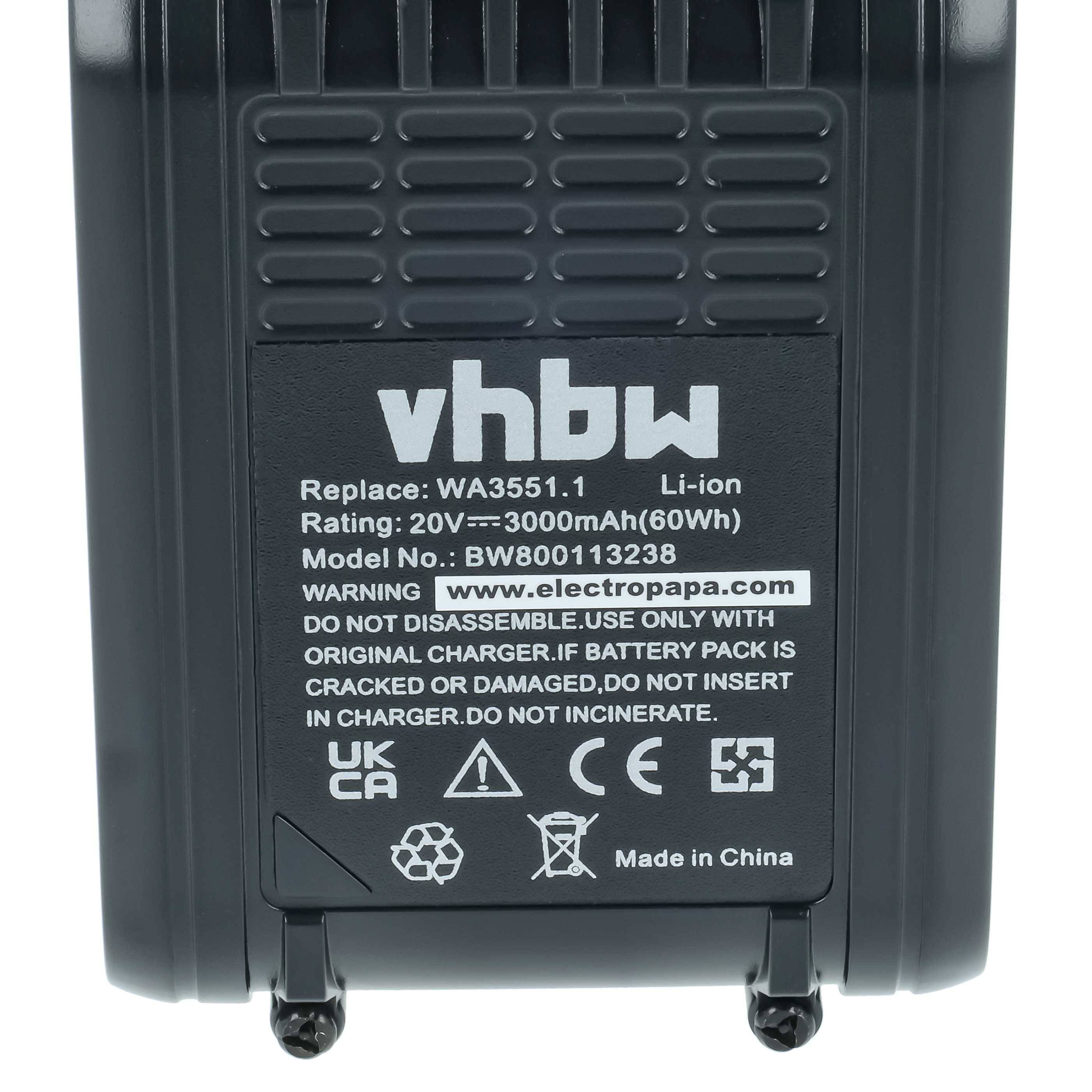 vhbw Akku kompatibel mit Worx WG166.1, WG163E.1, WG163E.2, WG165, WG166, WG163E, WG163E.9, WG169 Werkzeug (3000 mAh, Li-Ion, 20 V)