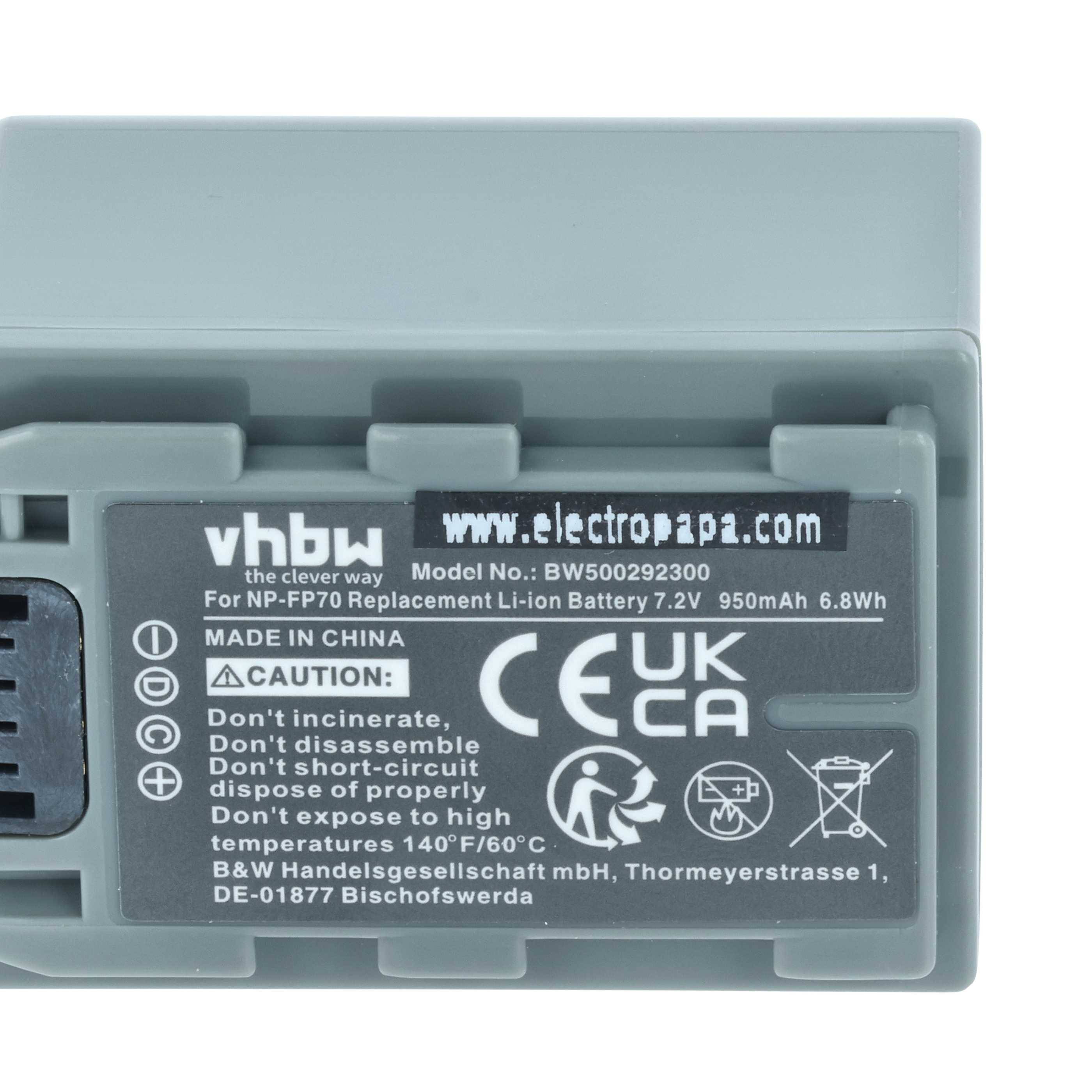 Eine graue rechteckige Batterie mit dem Text 'vhbw - Modell-Nr.: BW50092300C, 7,2V, 950mAh, 6,8Wh'. Enthält Sicherheitssymbole und ein 'Made in China' Etikett.