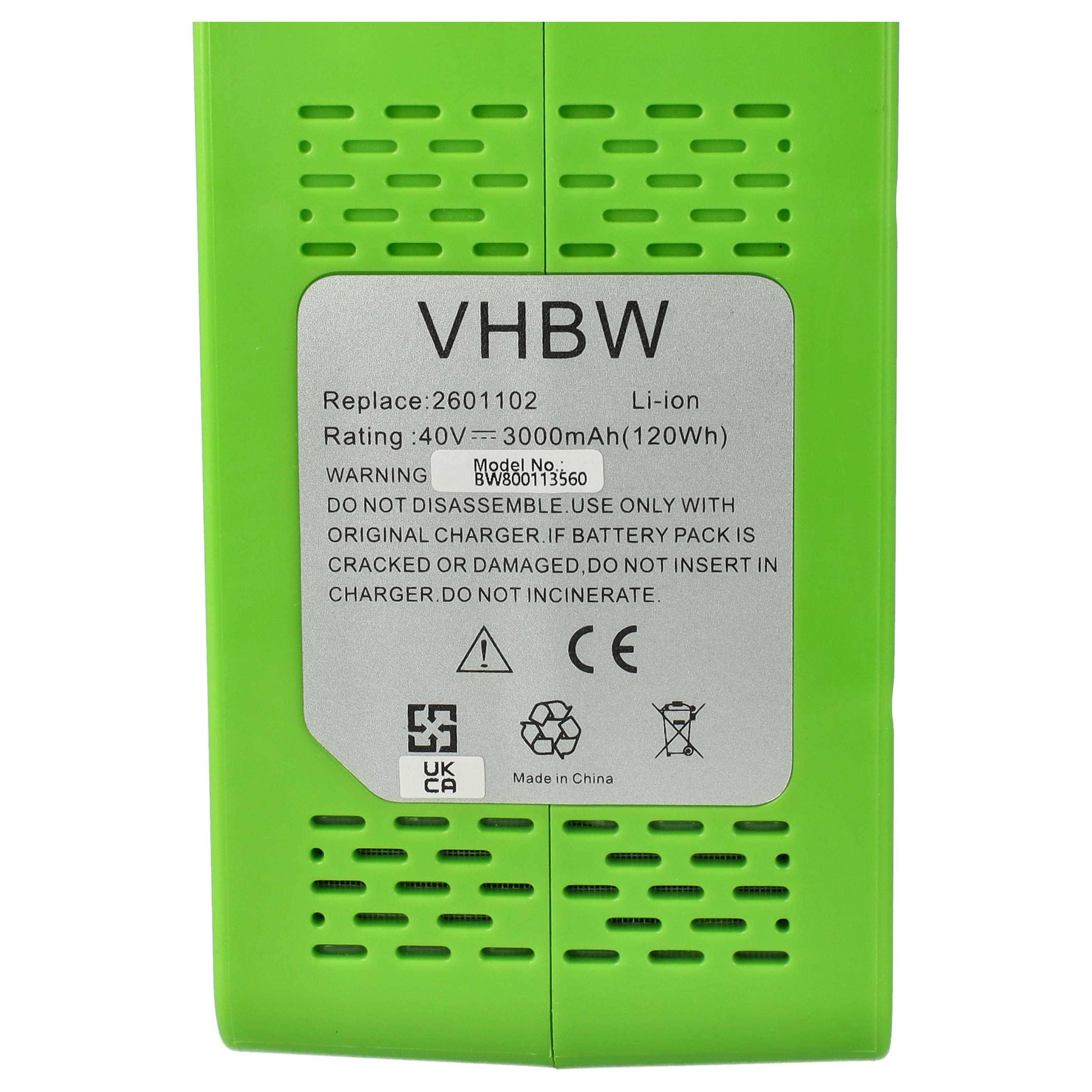 vhbw Akku kompatibel mit Greenworks GD40BCBK4, GD40BCK2X, GD40BCK4, GD40BV, GD40BVK2X Elektrowerkzeug (3000mAh Li-Ion 40 V)