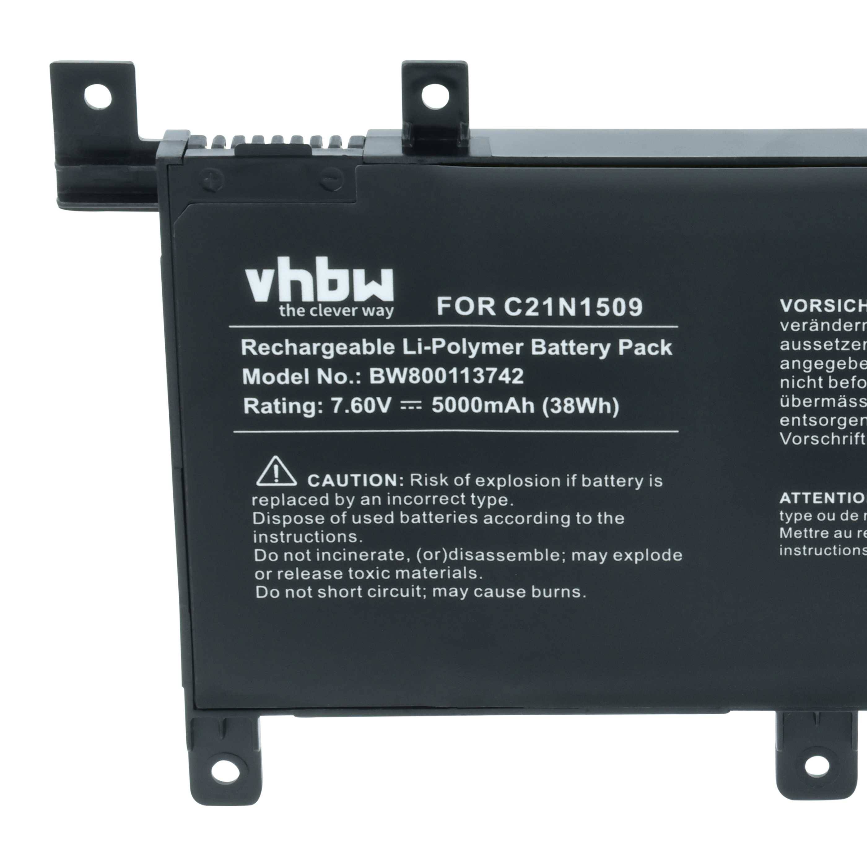 Wiederaufladbare Li-Polymer-Batterie, Modell B800113742, 7,6V 5100mAh, Warnung zu Handhabung und Entsorgung, schwarzes Gehäuse.