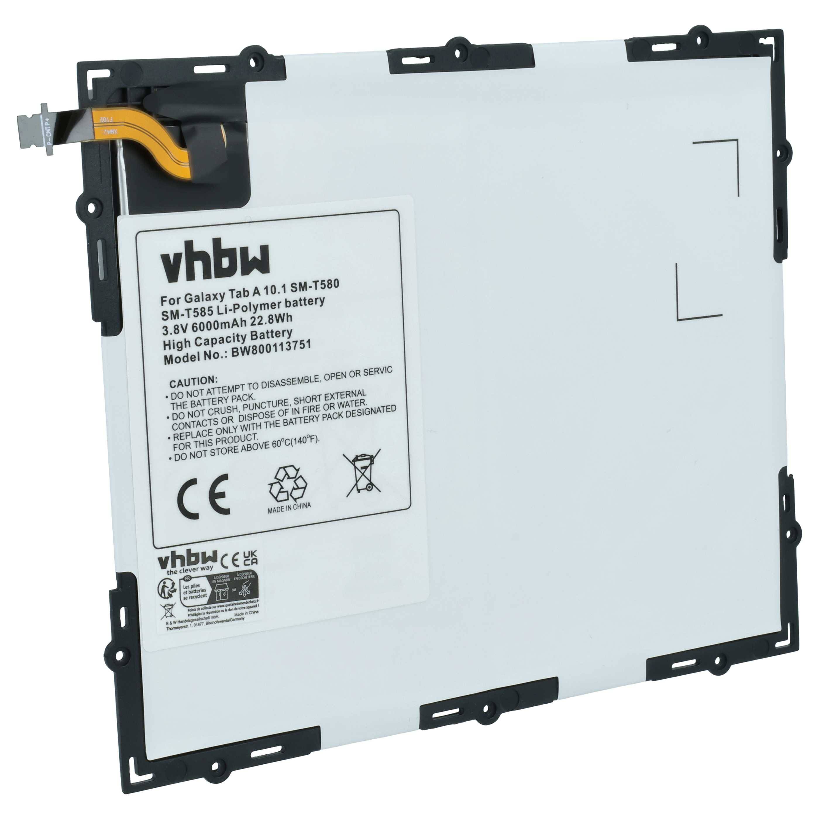 Bild einer rechteckigen vhbw Lithium-Polymer-Batterie für das Galaxy Tab A 10.1 SM-T580. Modellnummer und Spezifikationen sind auf dem Etikett sichtbar.