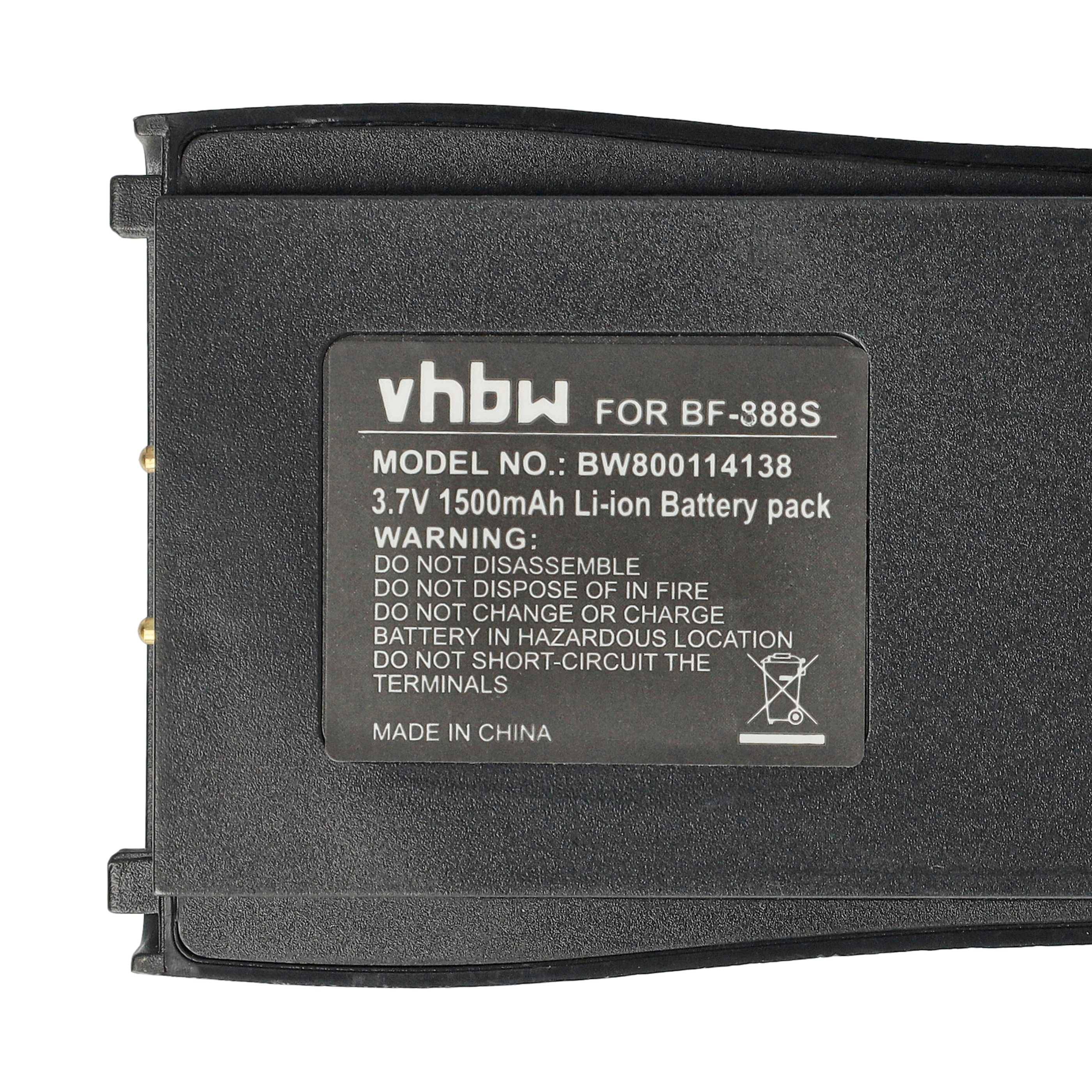 Lithium-Ionen-Akkupack mit Bezeichnung 'vhbw FÜR BF-888S' mit Spezifikationen: 3,7V, 1500mAh. Enthält Warnhinweise zur Verwendung und Entsorgung. Hergestellt in China.