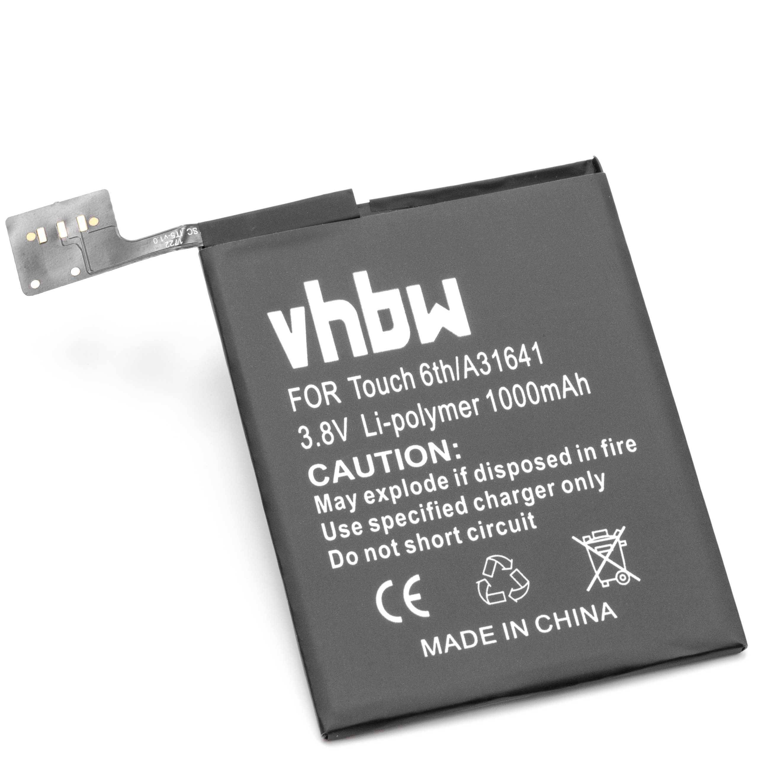 Ein rechteckiger Akku mit der Bezeichnung 'vhbw' für Touch 6th/A13641, 3,8V Li-Polymer 1000mAh. Enthält Vorsichtshinweise und 'Made in China'.
