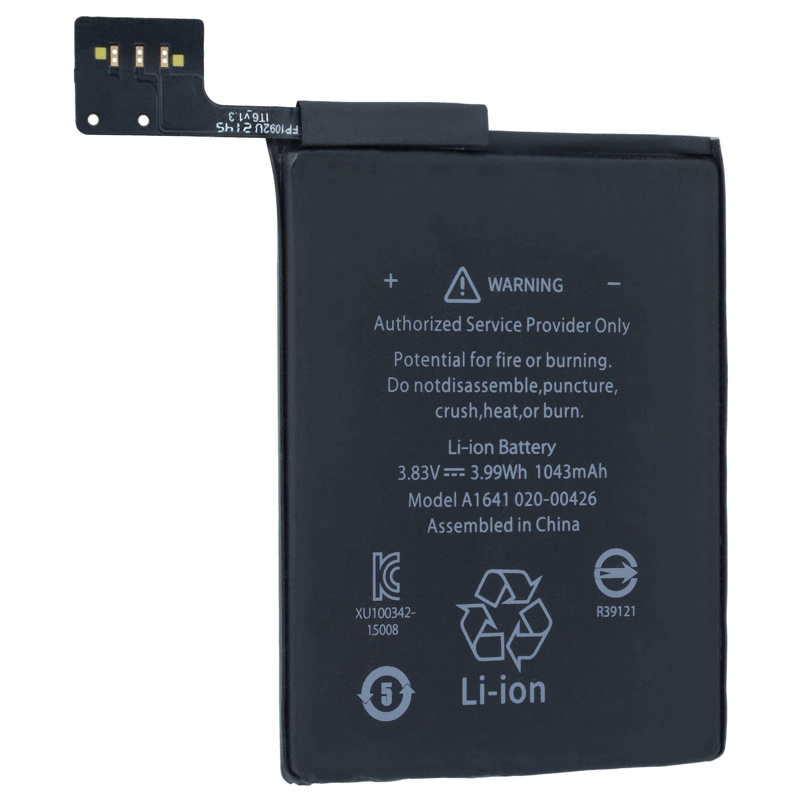 Schwarzer Li-Ionen-Smartphoneakku mit Anschluss und Warnaufkleber, 3,83V 1043mAh, Modell A1641-020-00426.