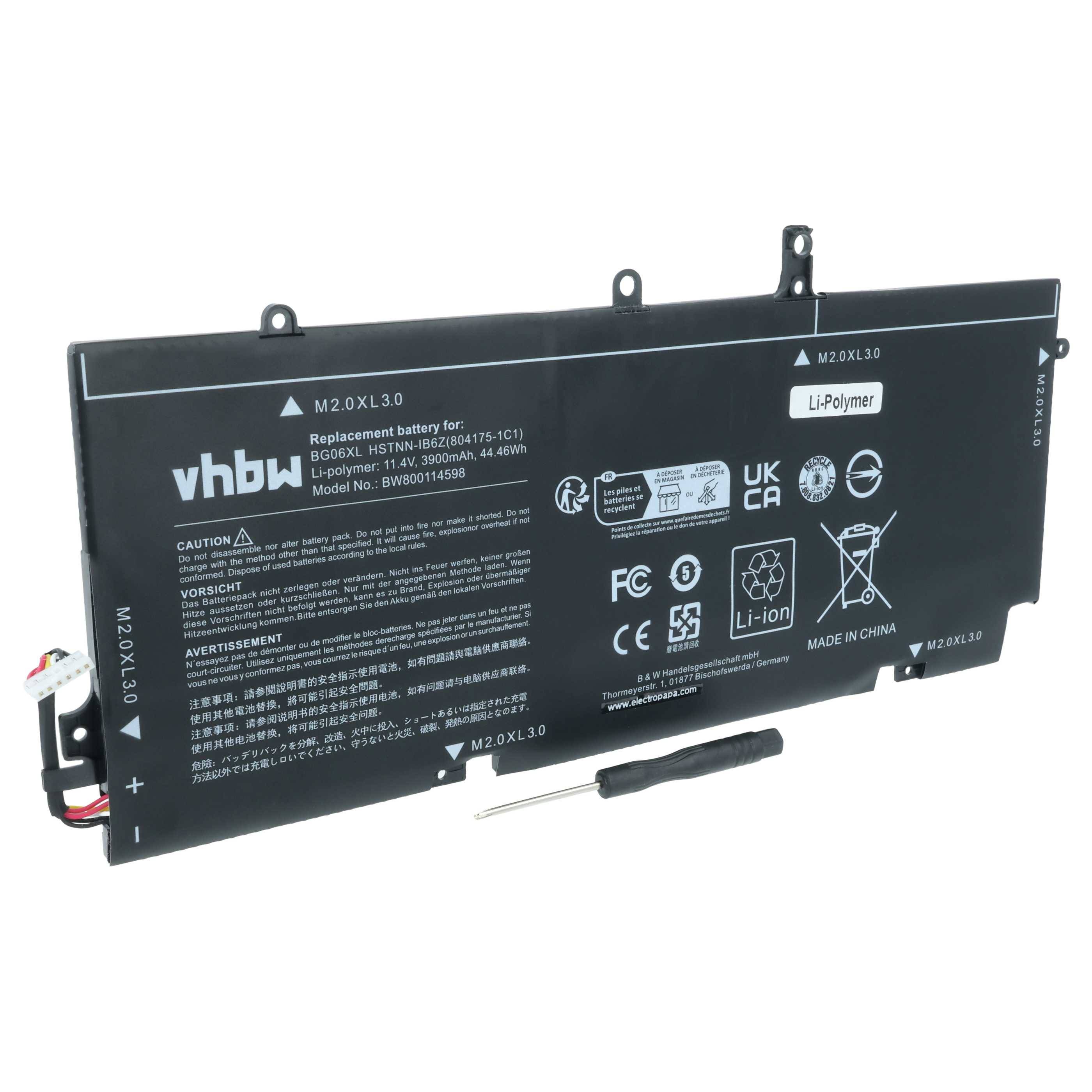 Ersatzbatterie für HP Envy Spectre 13-4000, Modell M2QXL3. Li-Polymer, 3,8V, 4790mAh, 18,20Wh. Enthält Sicherheitssymbole und Warnhinweise.