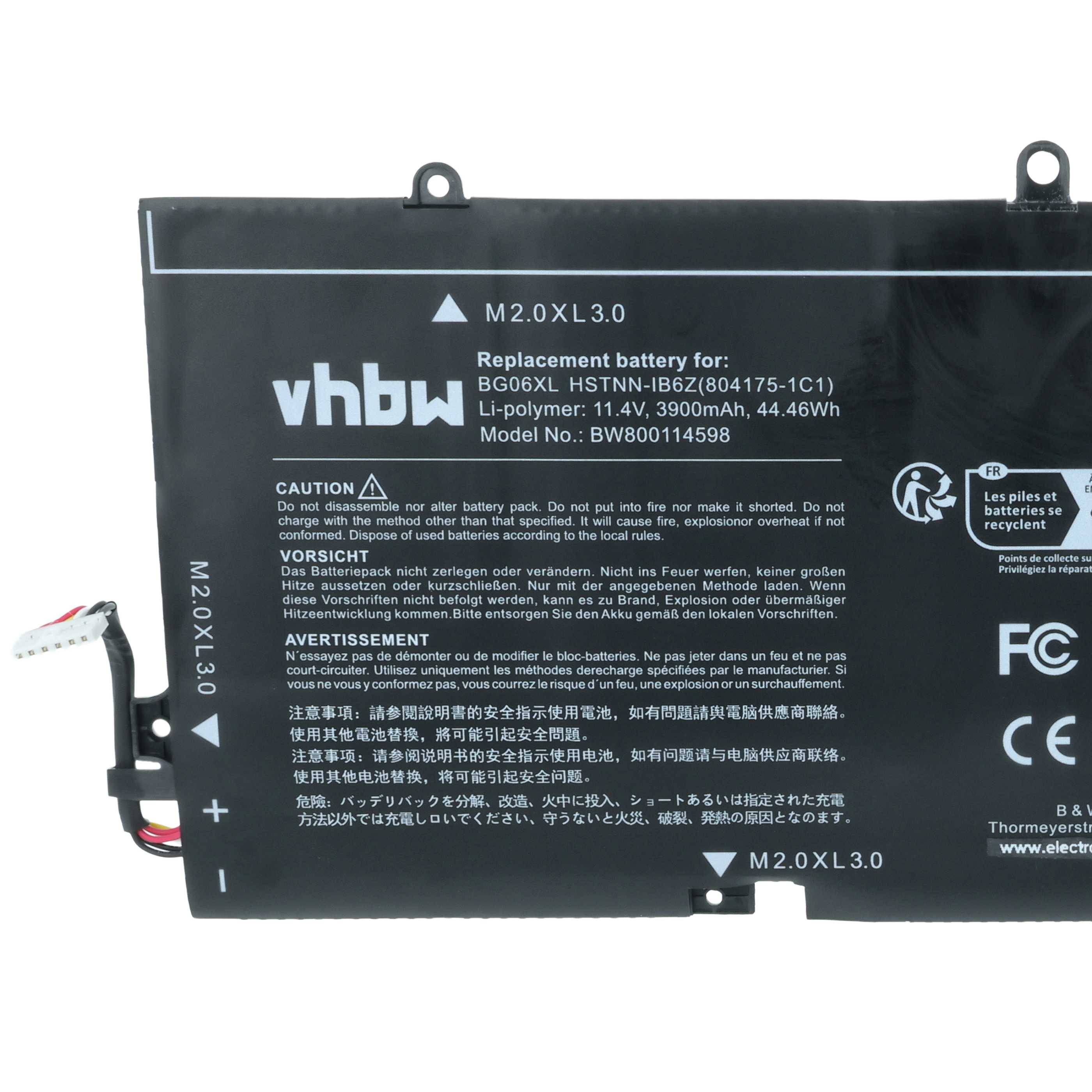 vhbw Ersatzakku für BO6XL Modell; 11,4V, 3900mAh, 44,46Wh; Warnhinweise und Sicherheitssymbole angezeigt.