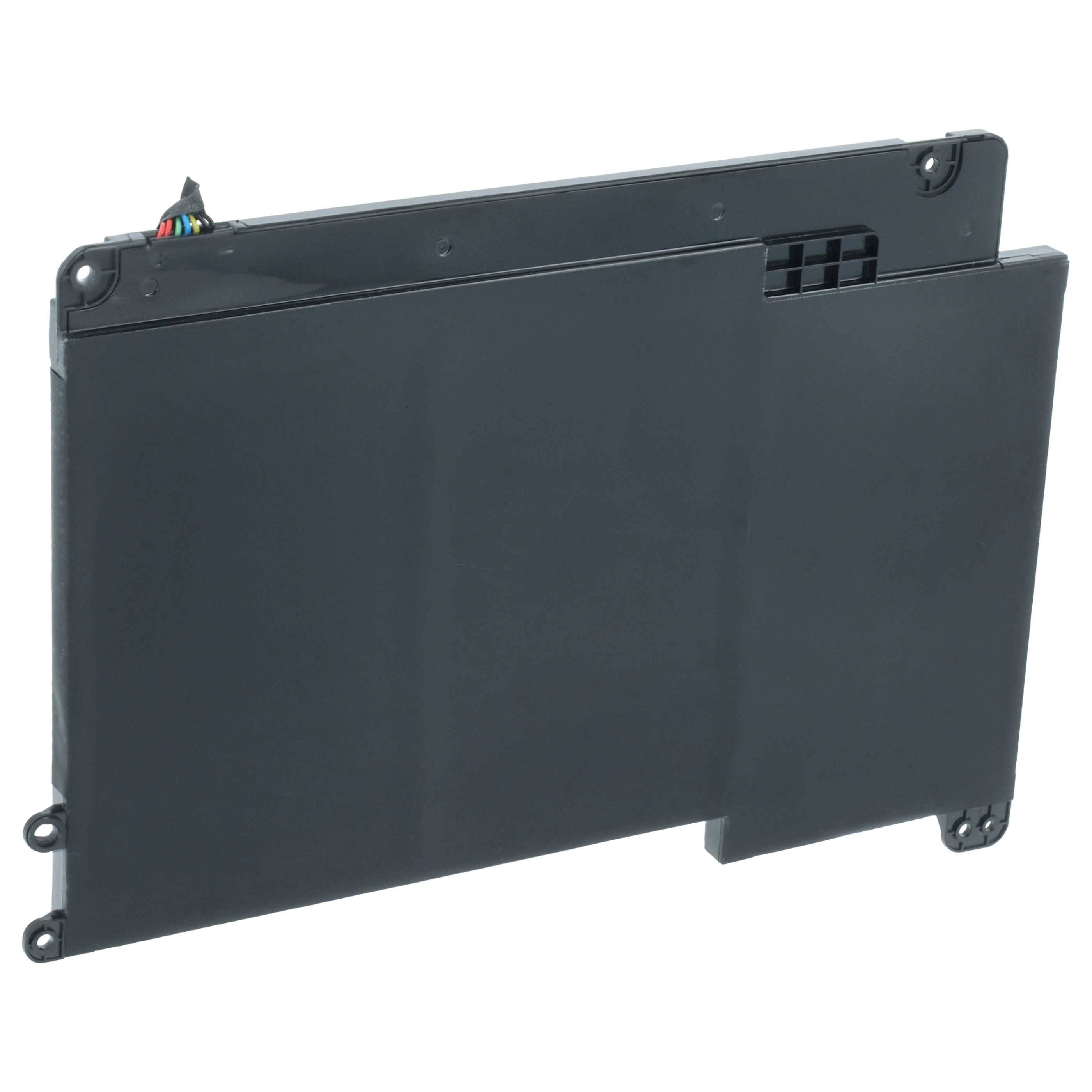 Eine schwarze Laptop-Batterie mit vier sichtbaren Drähten in der oberen linken Ecke und einer flachen, rechteckigen Form.