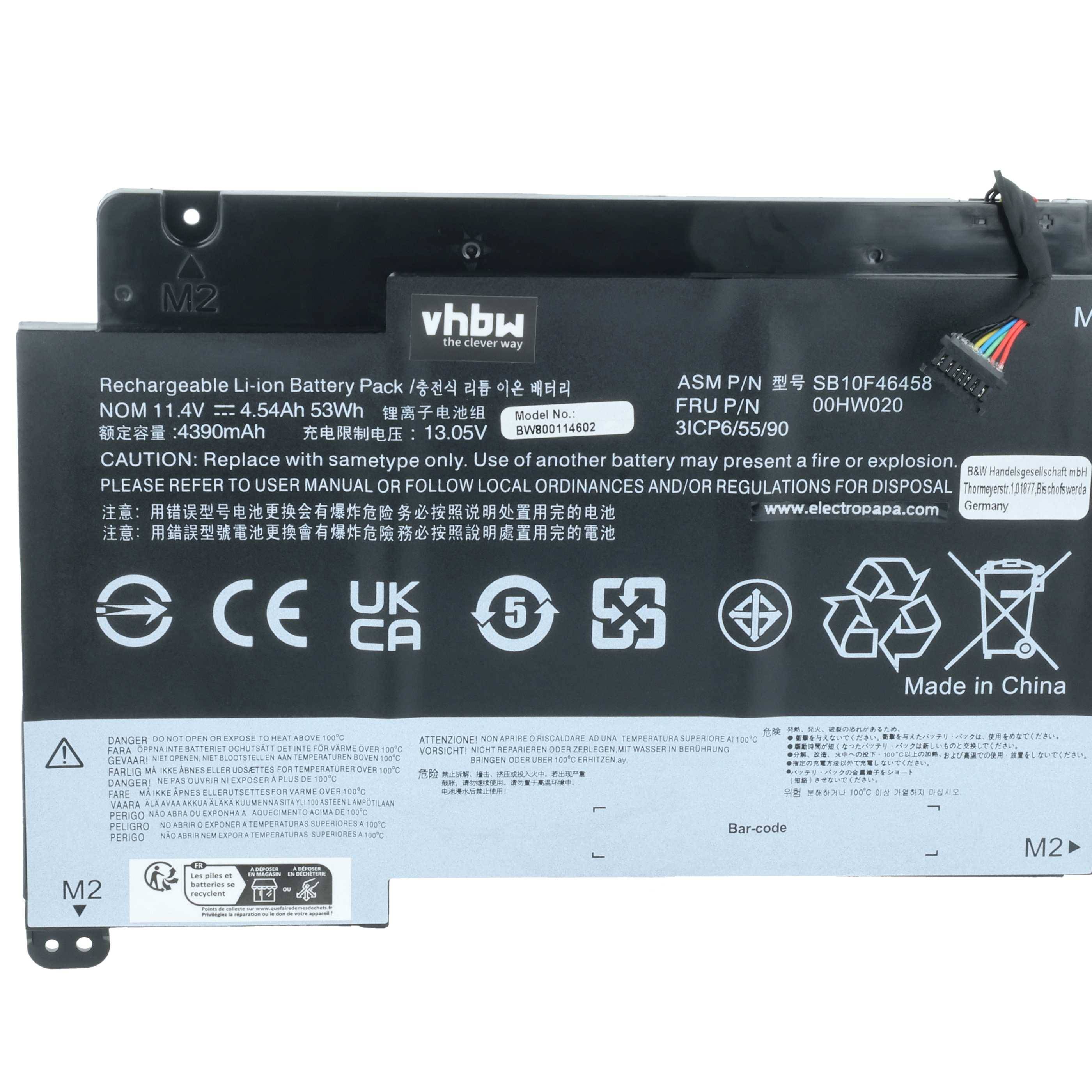 Lithium-Ionen-Batterie für VHBW, 11,4V, 5,53Ah, 3-Zellen, 63,02Wh. Hergestellt in China. Symbole: Recycling, CE, UKCA, Vorsicht.