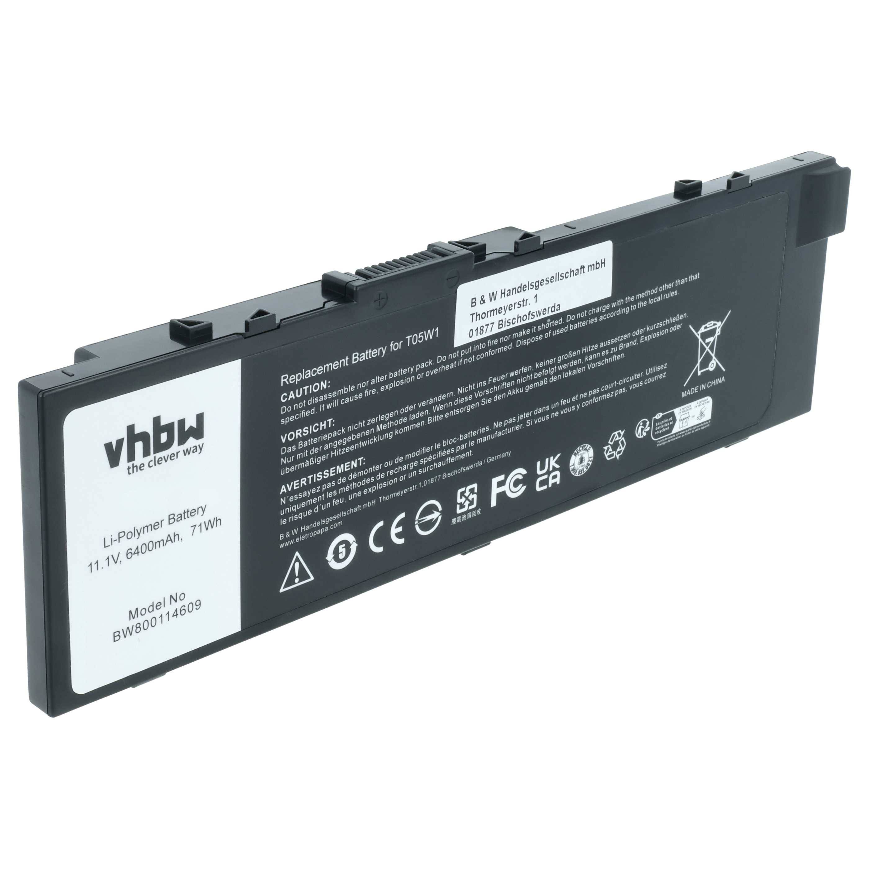 Ein rechteckiger schwarzer Laptop-Akku mit der Bezeichnung 'vhbw' und folgenden Spezifikationen: 11,1V, 6400mAh, 71Wh. Verschiedene Zertifizierungsicons sind sichtbar.