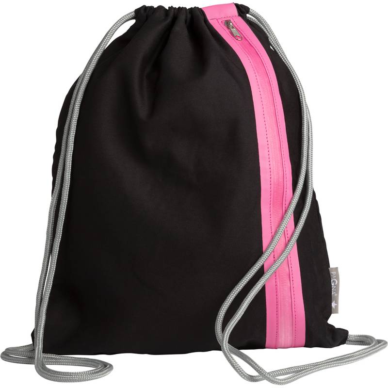 Schwarzer Rucksack mit Kordelzug, grauen Schnüren und einem leuchtend rosa Reißverschlussfach auf der Vorderseite.