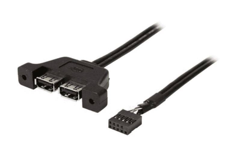 USB-Kabel mit einem doppelten USB-A-Paneelmontage-Stecker auf der einen Seite und einem 10-poligen internen Motherboard-Header auf der anderen Seite.