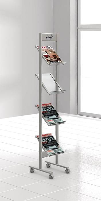 Prospektregal H1600xB310xT350mm Stahlbl.alusilber fahrbar Anz. DIN A4 Blätter 4