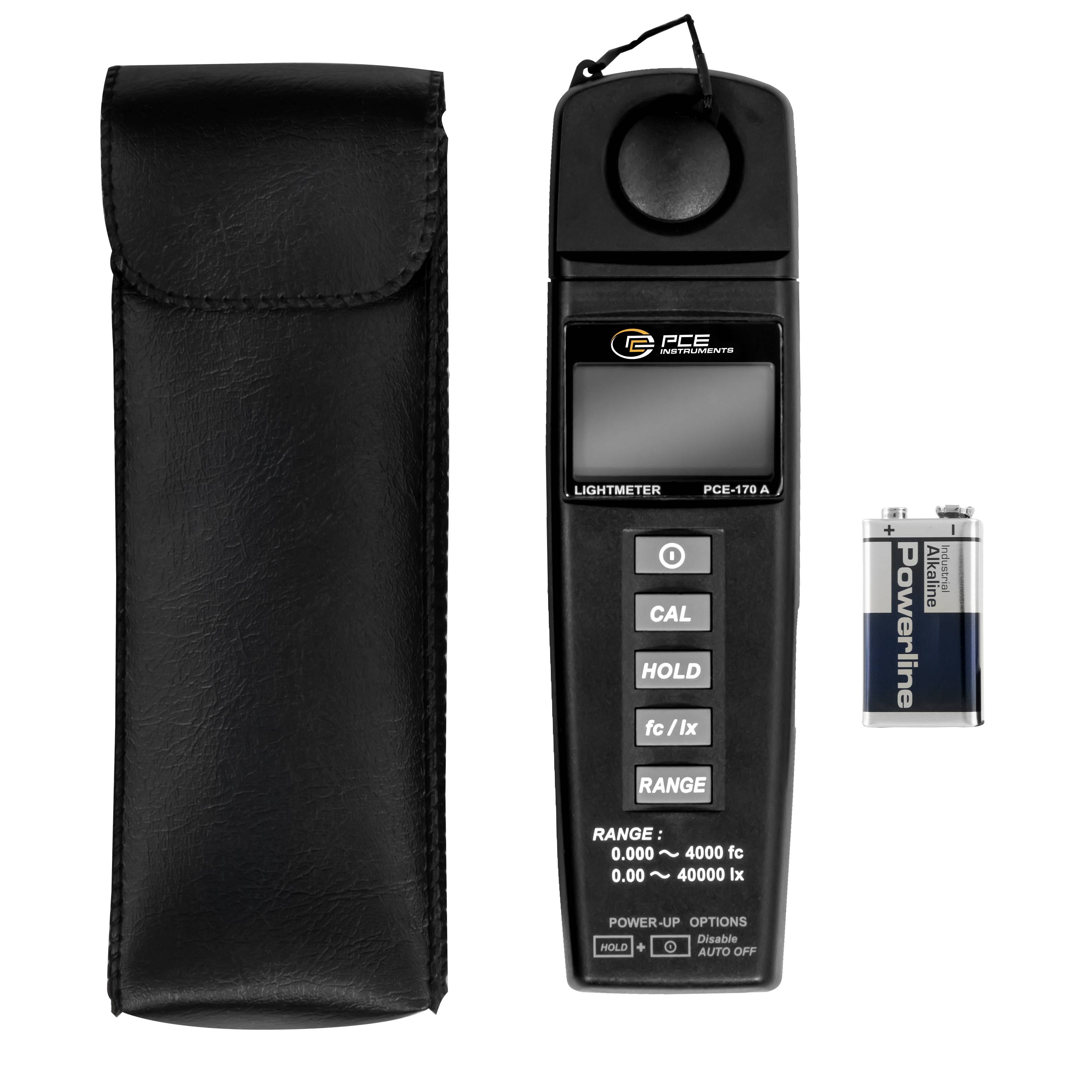 Luxmeter mit digitaler Anzeige, Schutzkappe und AAA-Batterie im Lieferumfang enthalten, Messbereich bis 40000 fc, Modell PCE-170 A von PCE Instruments.